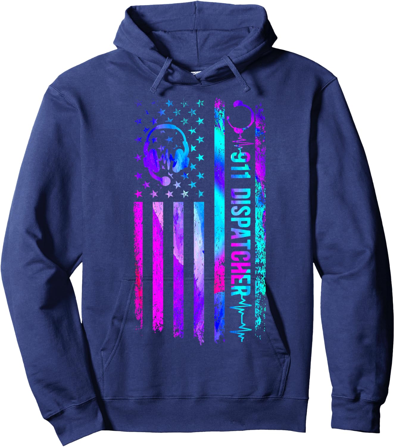 911 Dispatcher Thin Gold Yellow Line American Flag 911 Hoodie - Hoodie | Navy