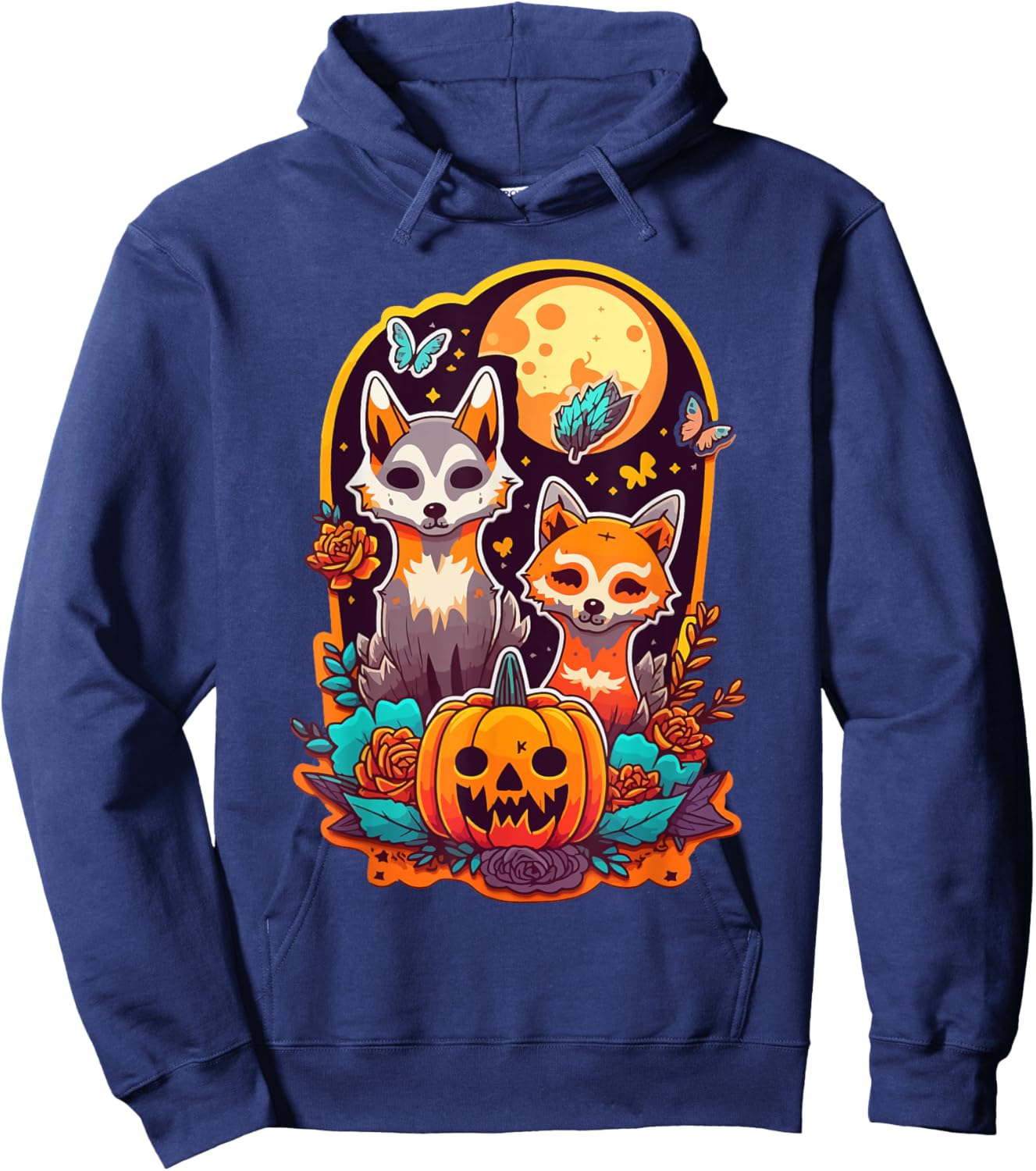 Sugar Skull Wolf Fox Cute Trick-or-treat Anime Halloween Hoodie - Hoodie | Navy