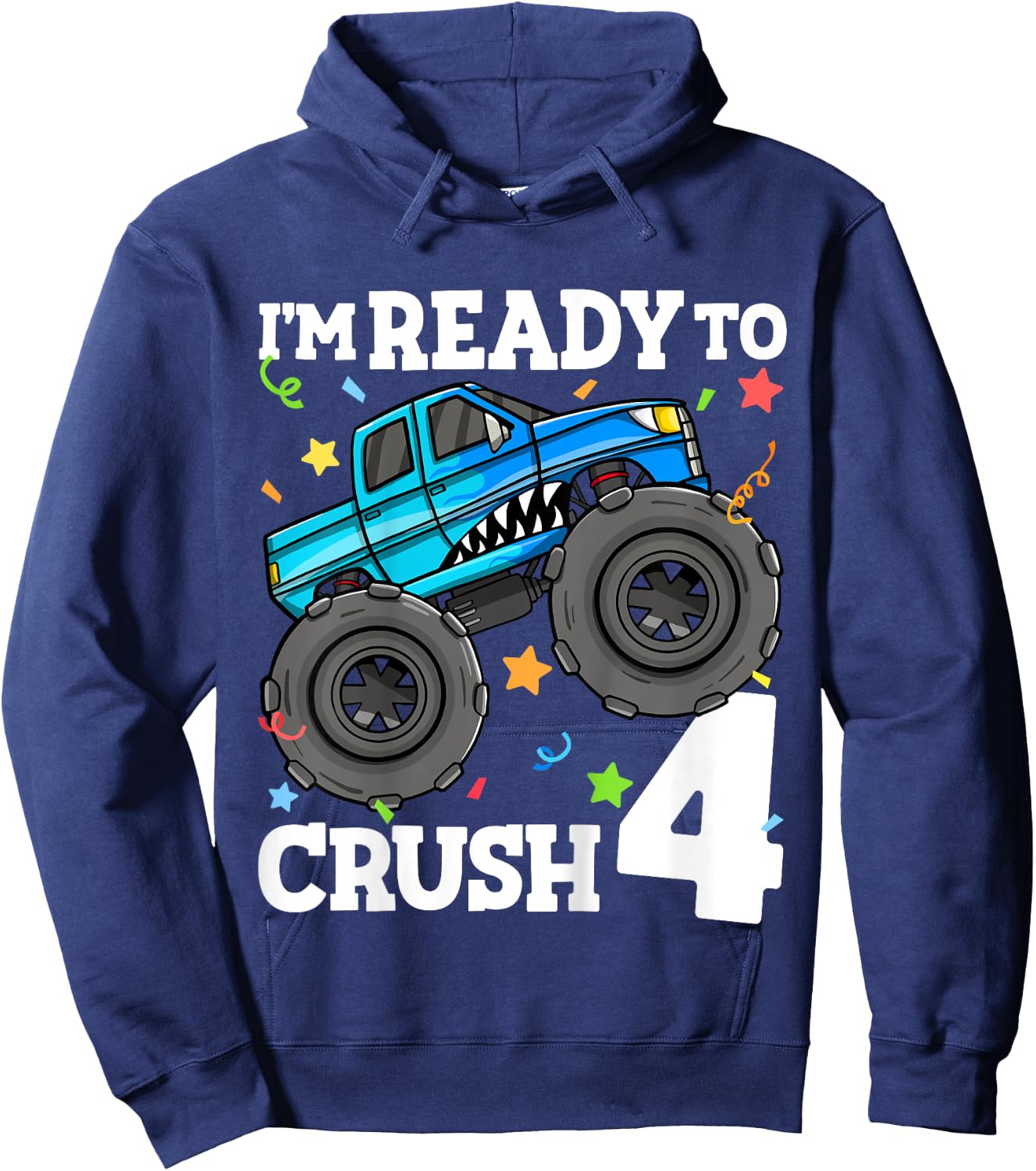 Kids Monster Truck Shark 4th Birthday Boy Toddler 4 Four Year Old Hoodie - Hoodie | Navy