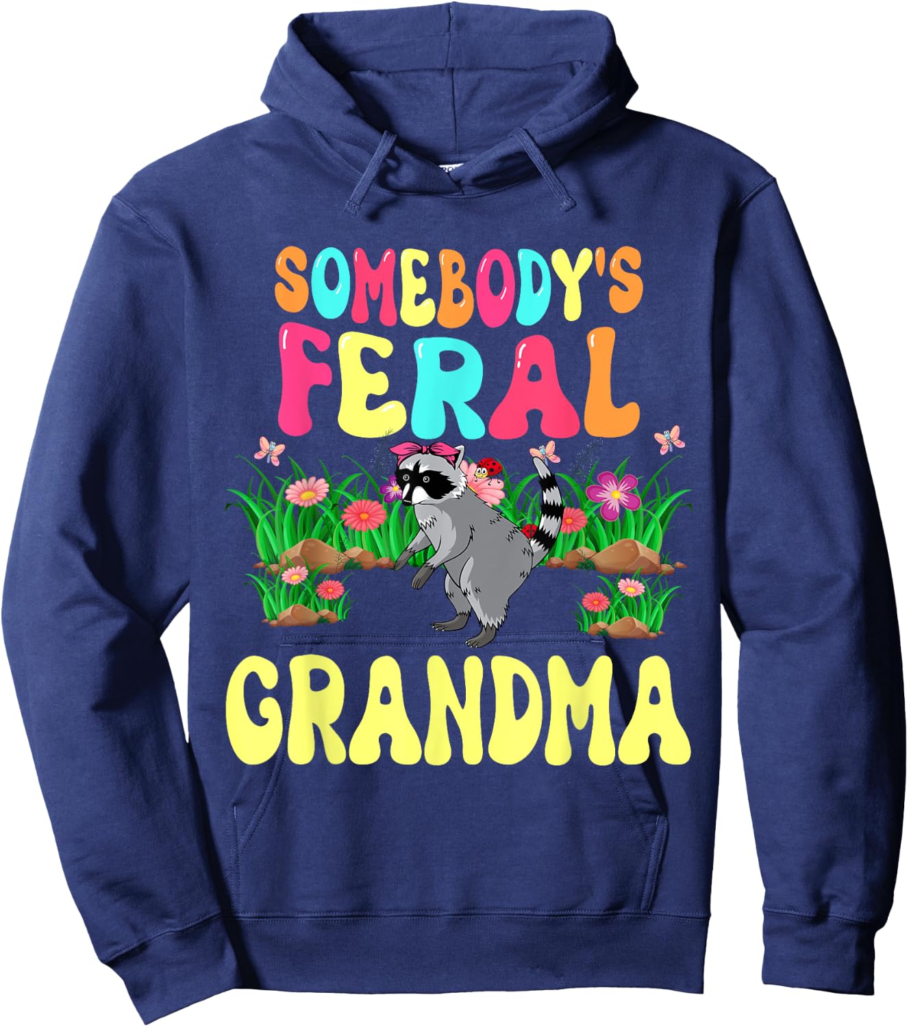 Somebody's Feral Grandma Cute Raccoon Bow Tie Flowers Animal Hoodie - Hoodie | Navy