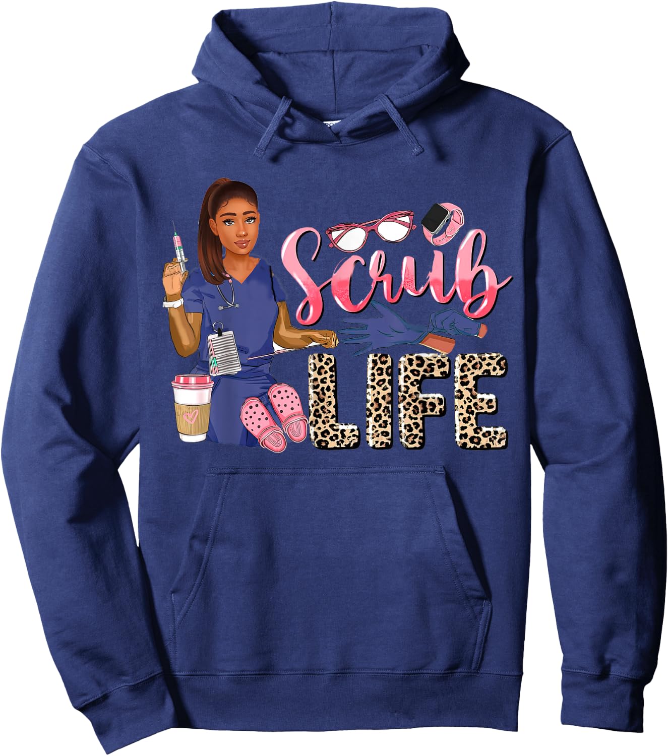 Scrub Life African American Women Leopard Nurse Clothing Hoodie - Hoodie | Navy