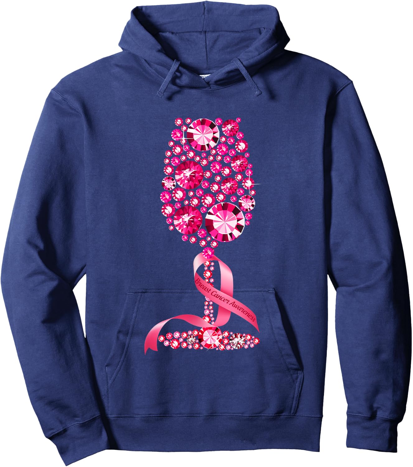 Pink Ribbon Wine Glass Breast Cancer Awareness Wine Lovers Hoodie - Hoodie | Navy