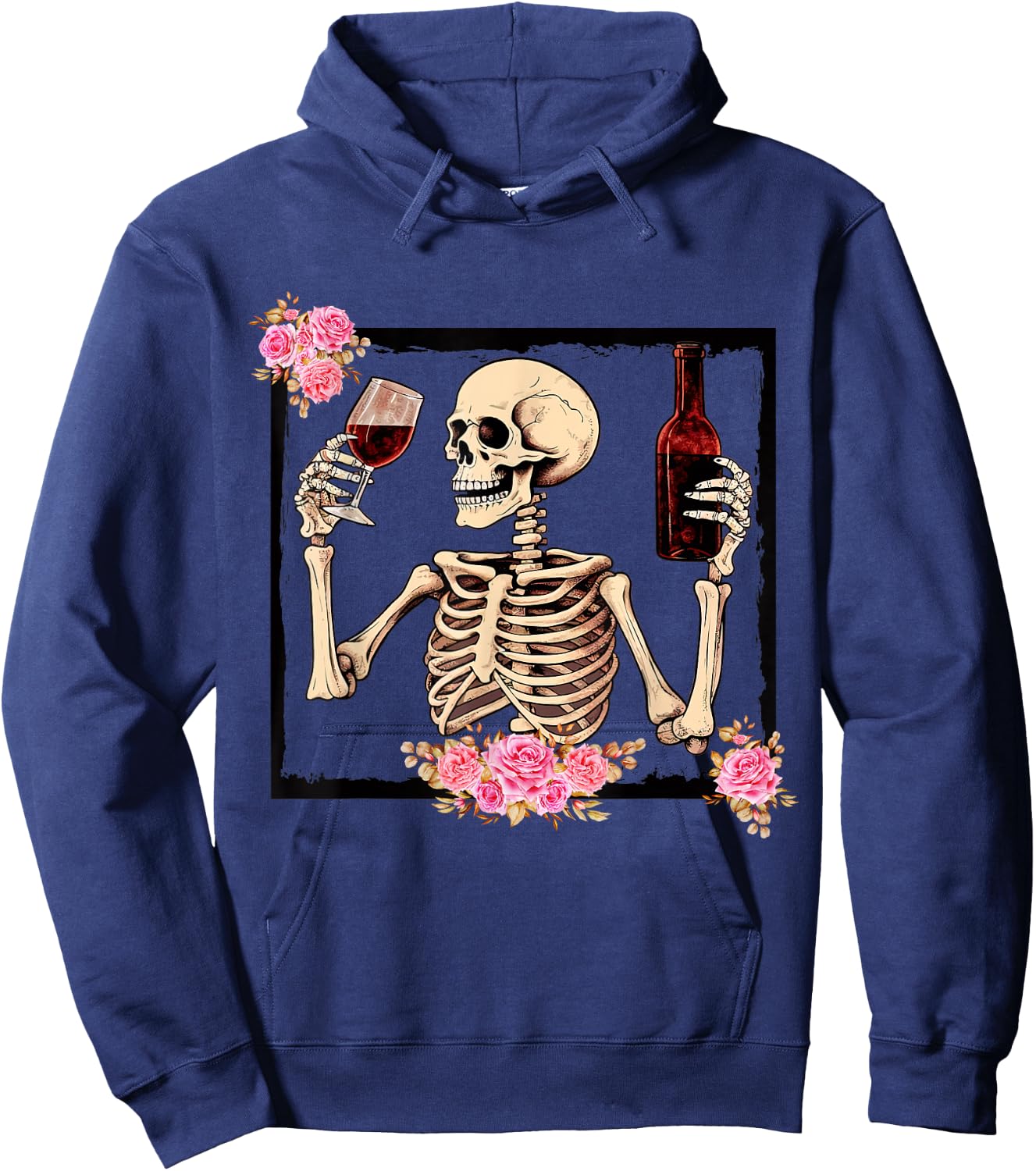 Halloween Funny Hallo-Wine Floral Skeleton Drinking Wine Hoodie - Hoodie | Navy