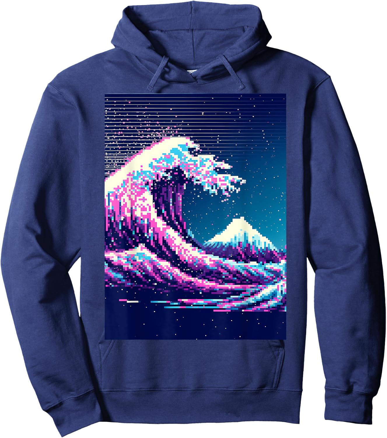 Vaporwave Glitch Aesthetic Great Wave off Kanagawa Retro Hoodie - Hoodie | Navy