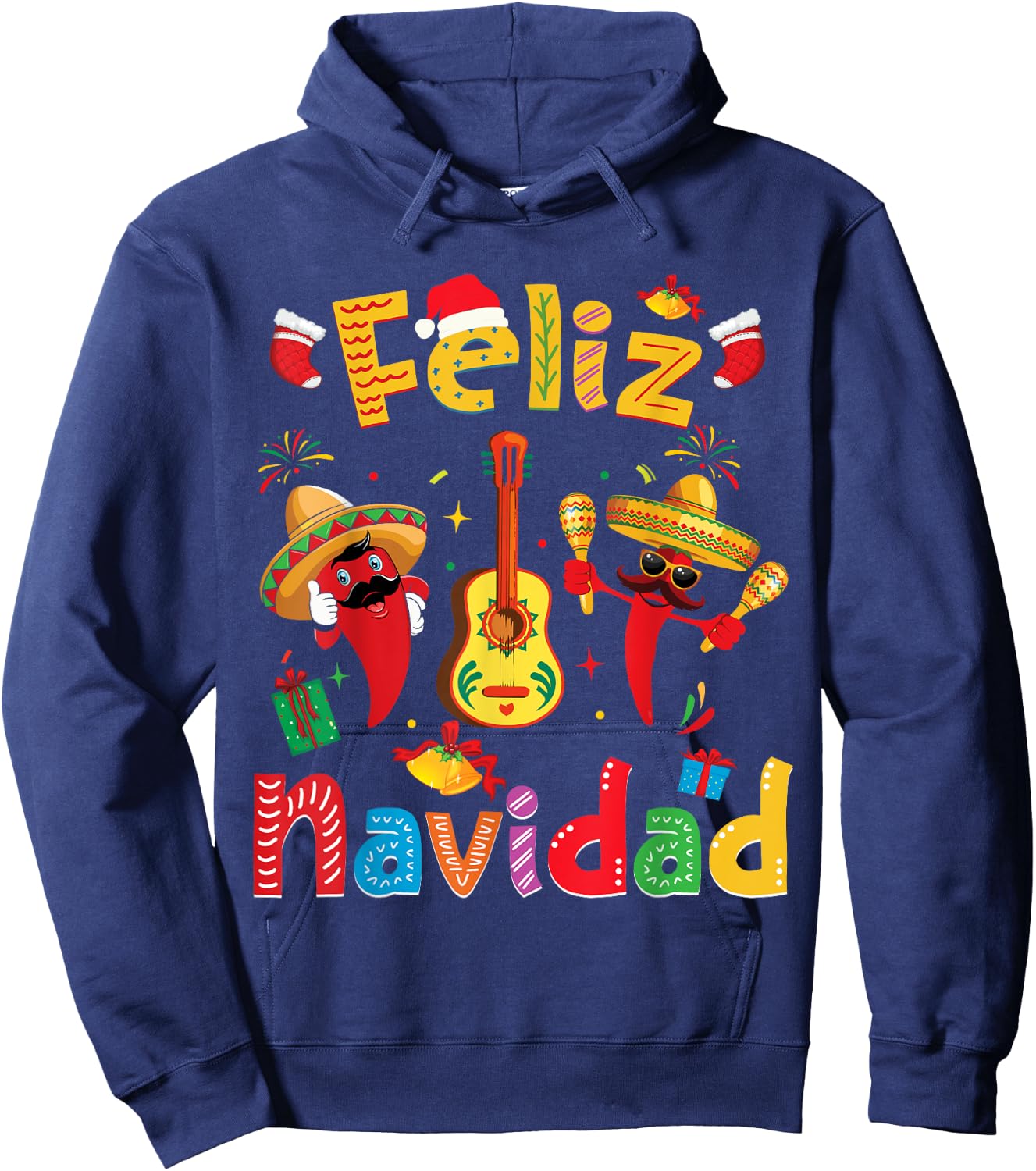 Feliz Navidad Mexican Fiesta Hot Pepper Guitar Xmas Party Hoodie - Hoodie | Navy