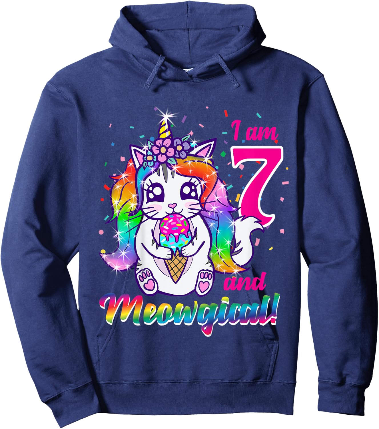 Kids I am 7 and meowgical caticorn kittycorn birthday theme party Hoodie - Hoodie | Navy