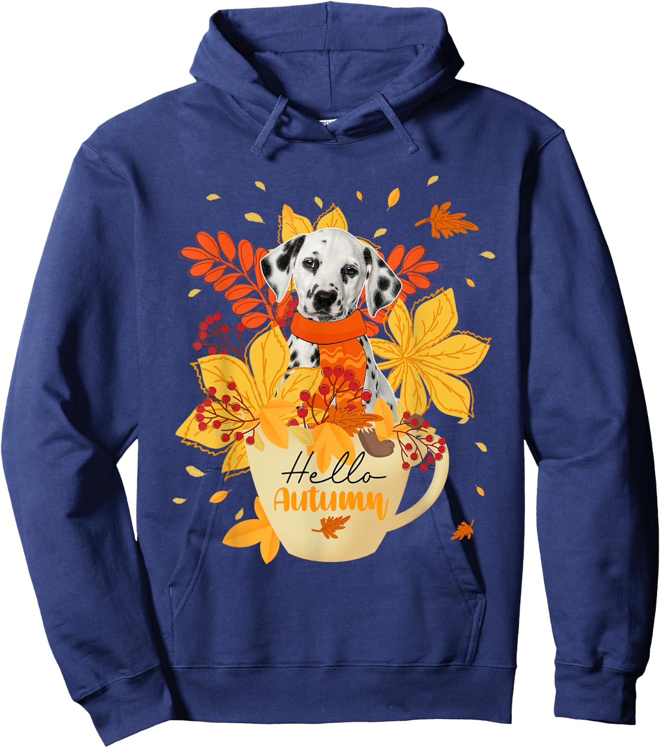 Hello Autumn Thanksgiving Dalmatian Inside Cup Fall Leaves Hoodie - Hoodie | Navy