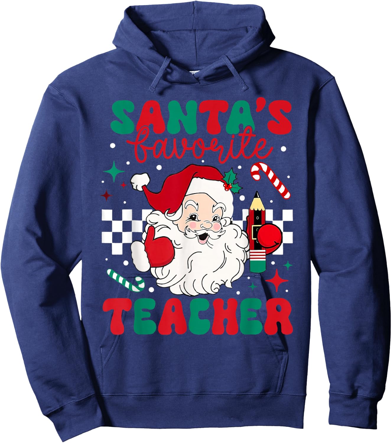 Santa's Favorite Teacher Christmas Retro Xmas Santa Claus PJ Hoodie - Hoodie | Navy