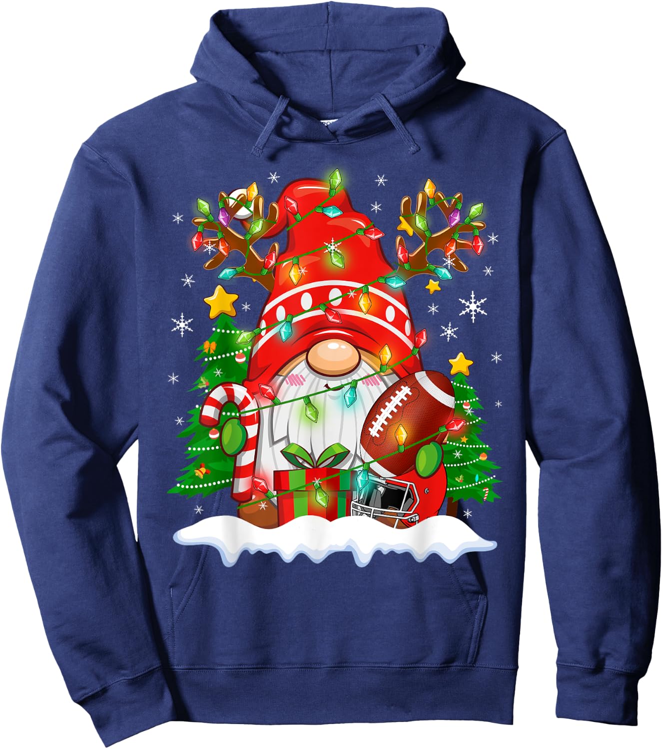 Funny Reindeer Gnome & Football Ball Christmas Lights Xmas Hoodie - Hoodie | Navy