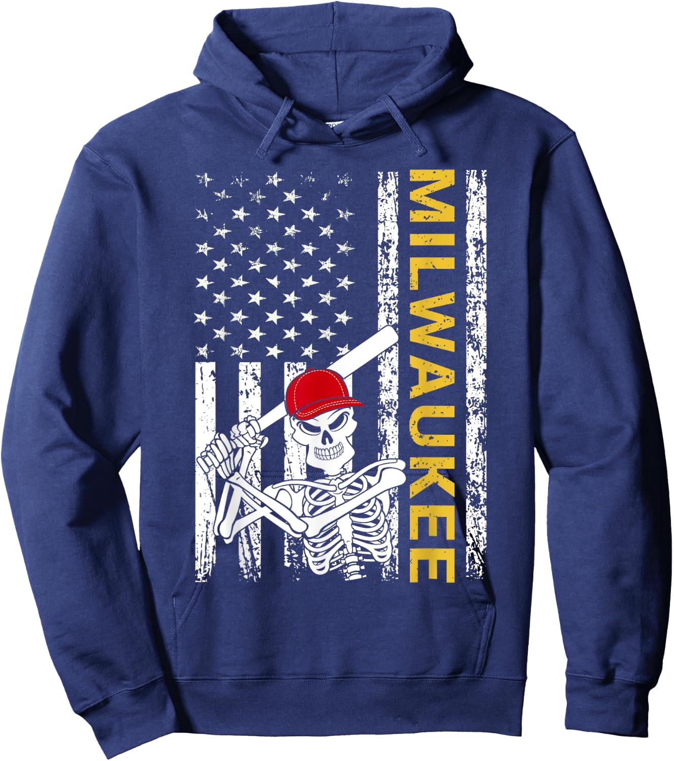Milwaukee Halloween US Flag Skeleton Baseball Players Hoodie - Hoodie | Navy