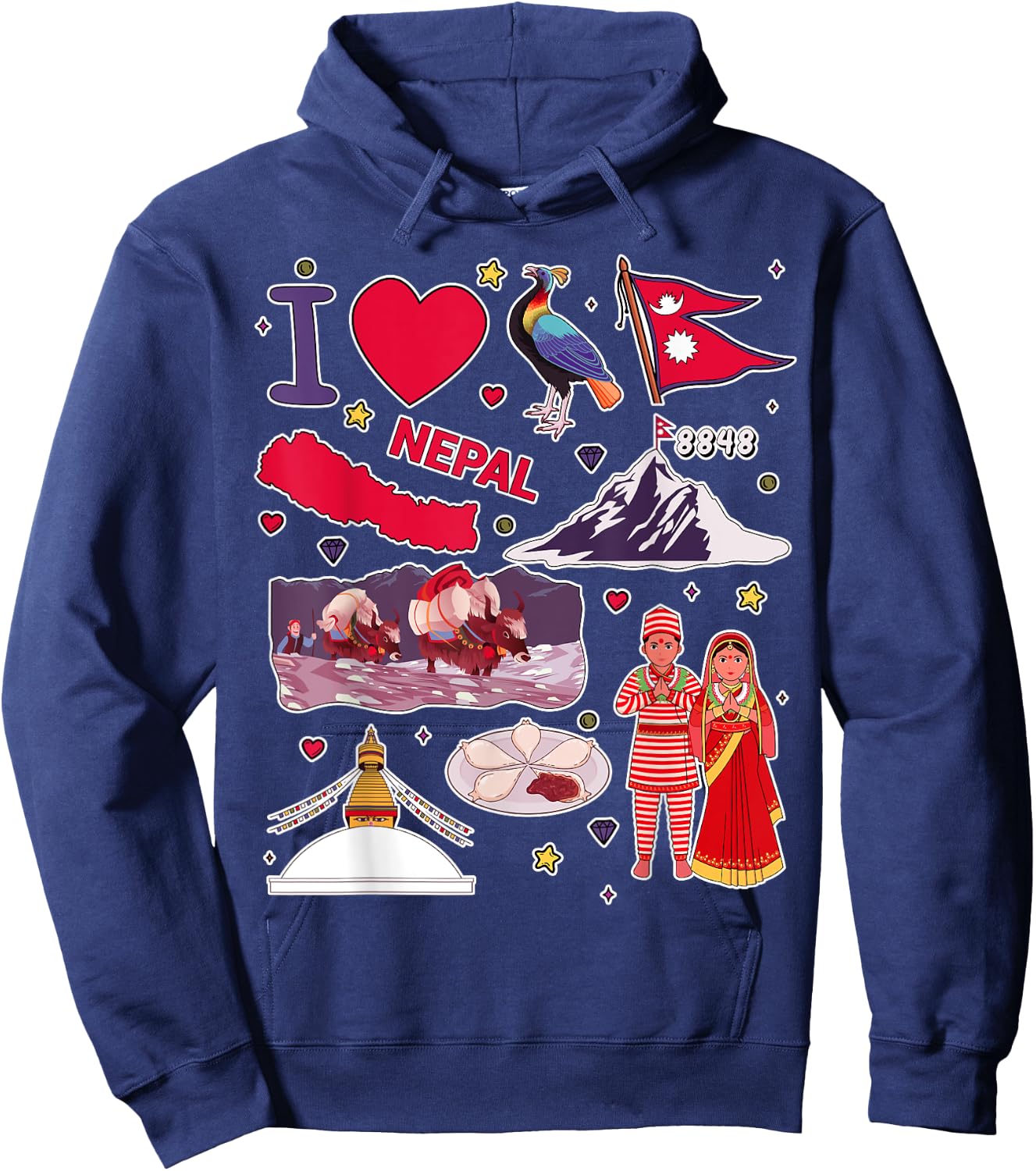 Nepali hand drawn landmarks, Nepal map, cultural icons Hoodie - Hoodie | Navy