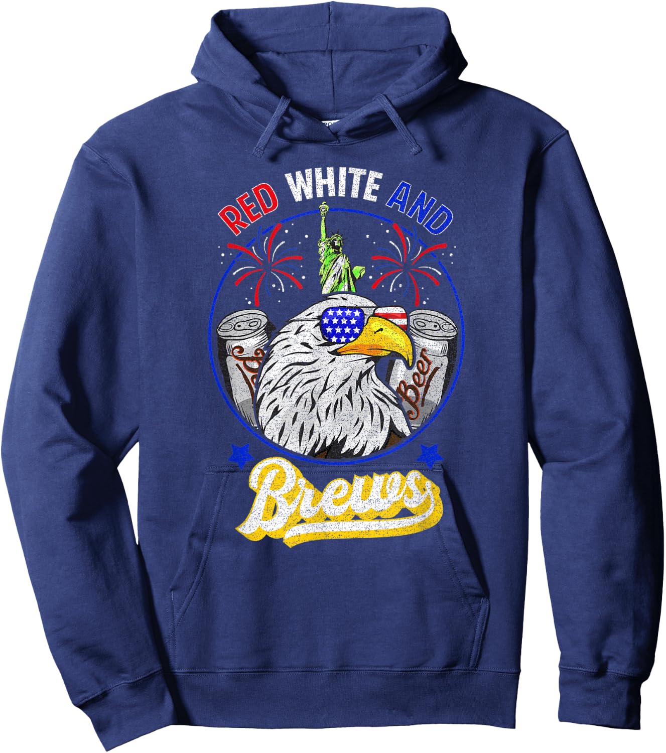 DISTRESSED RED WHITE and BREWS 4th of July Beer Alcohol Hoodie - Hoodie | Navy