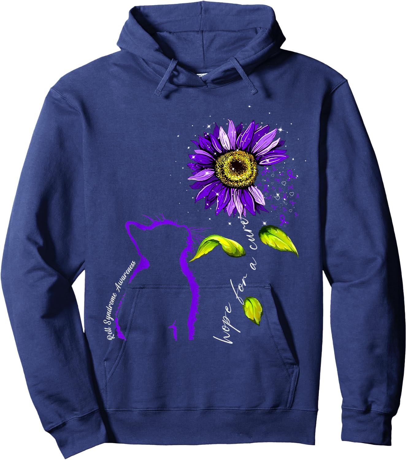 Sunflower Cat Purple Rett Syndrome Awareness Men Women Hoodie - Hoodie | Navy