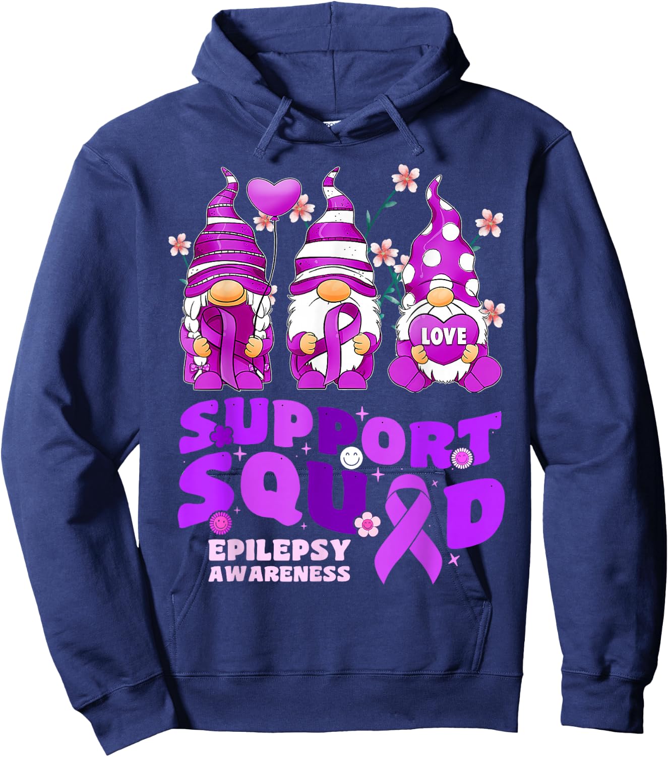 Support Squad Epilepsy Awareness Gnome Ribbon Flower Groovy Hoodie - Hoodie | Navy
