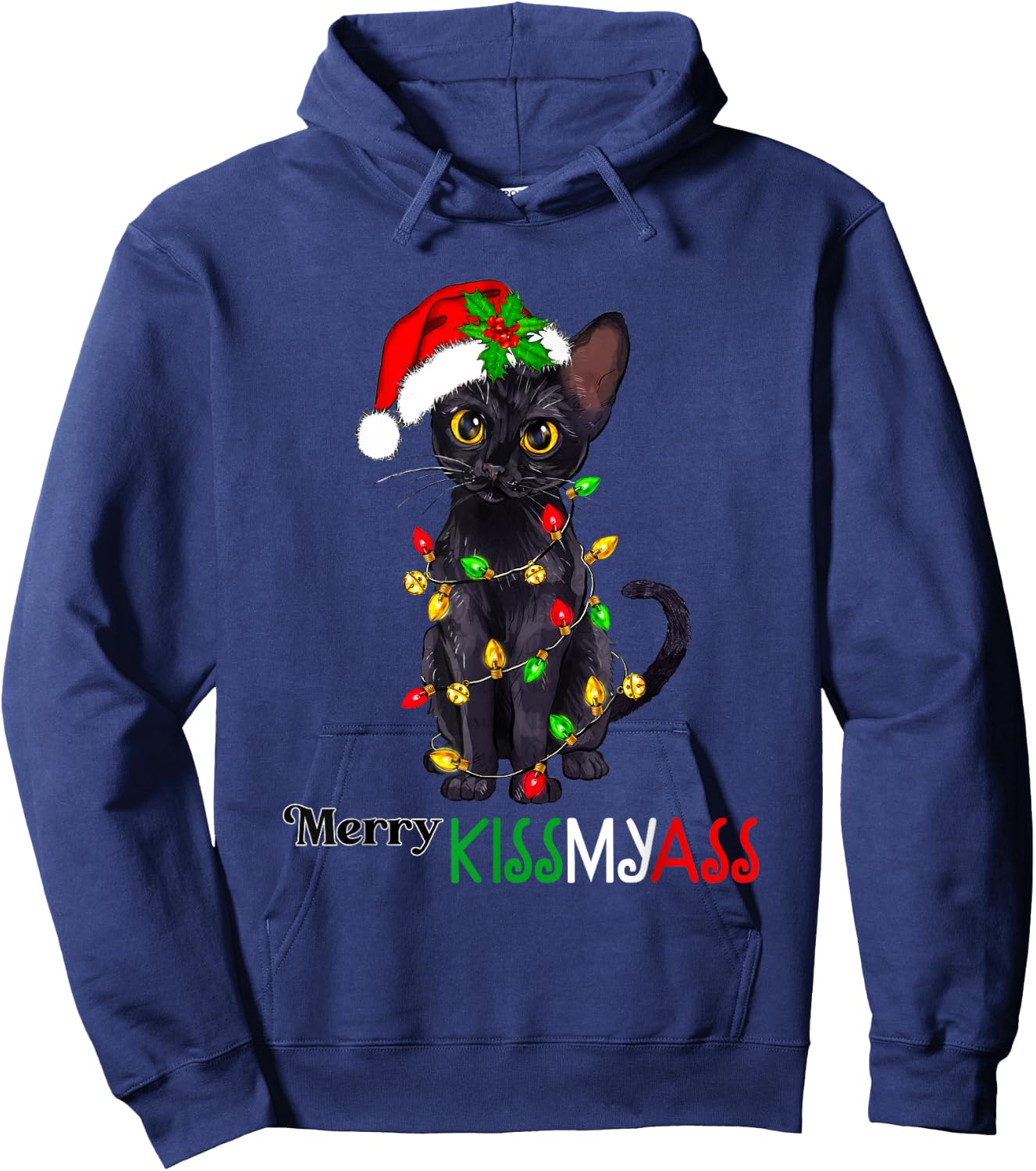 Funny Black Cat Merry Kissmyass Xmas Pajamas Chritsmas Women Hoodie - Hoodie | Navy