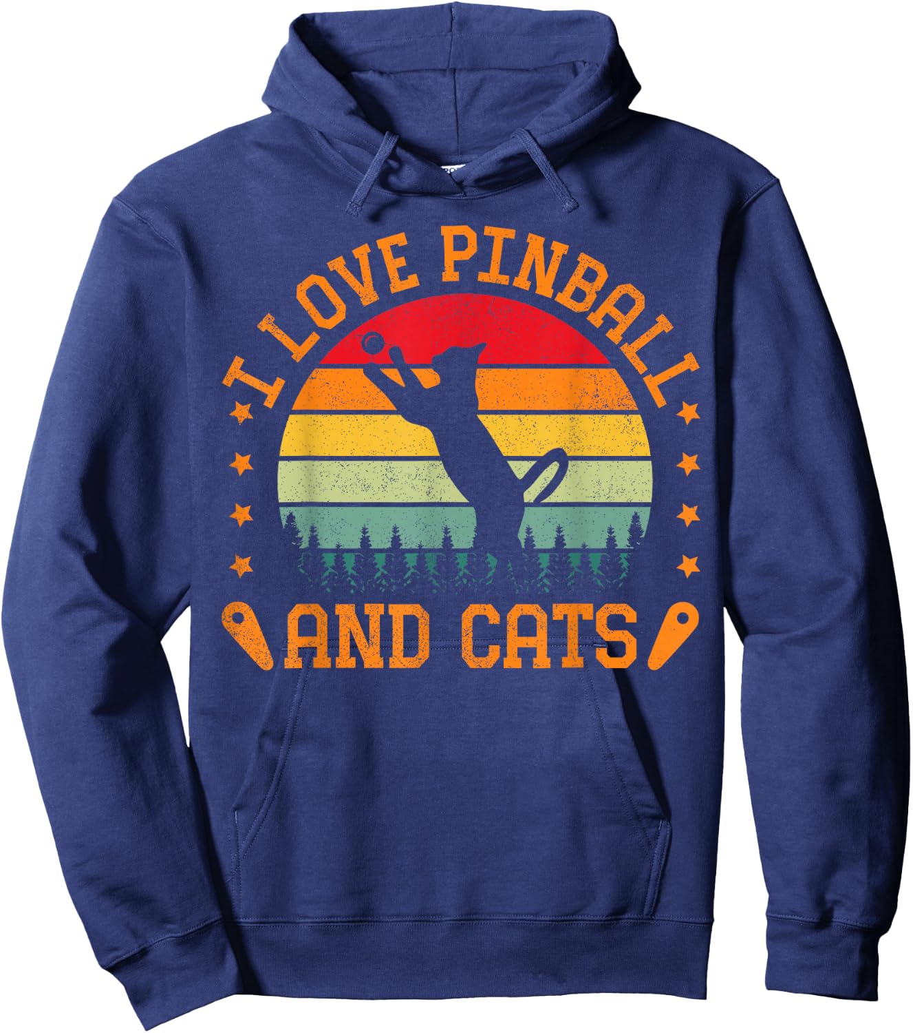Retro Sunset I Love Pinball And Cats Pinball Machine Gamer Hoodie - Hoodie | Navy