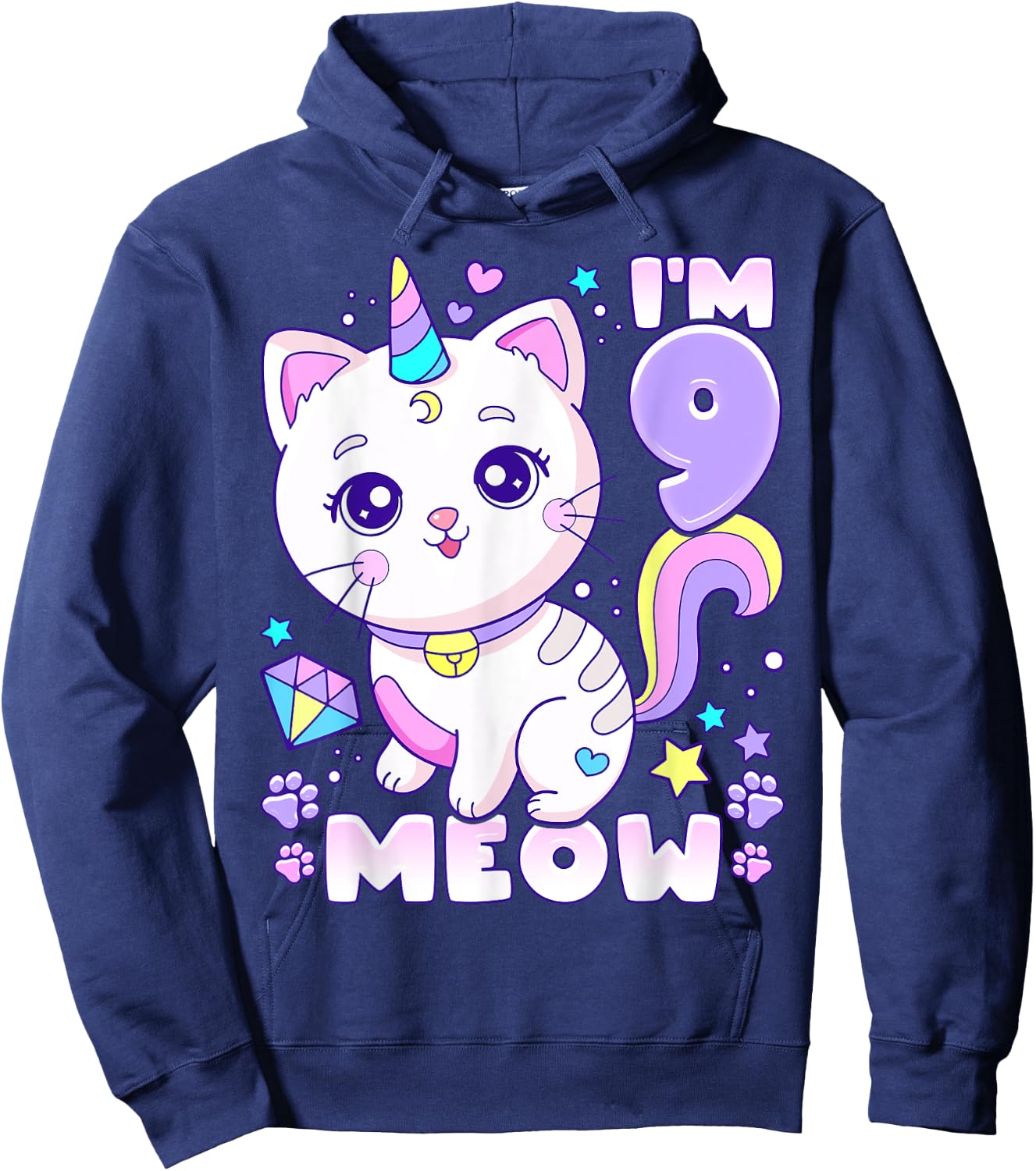 Birthday girl 9 years old, cat, unicorn, 9th birthday Hoodie - Hoodie | Navy