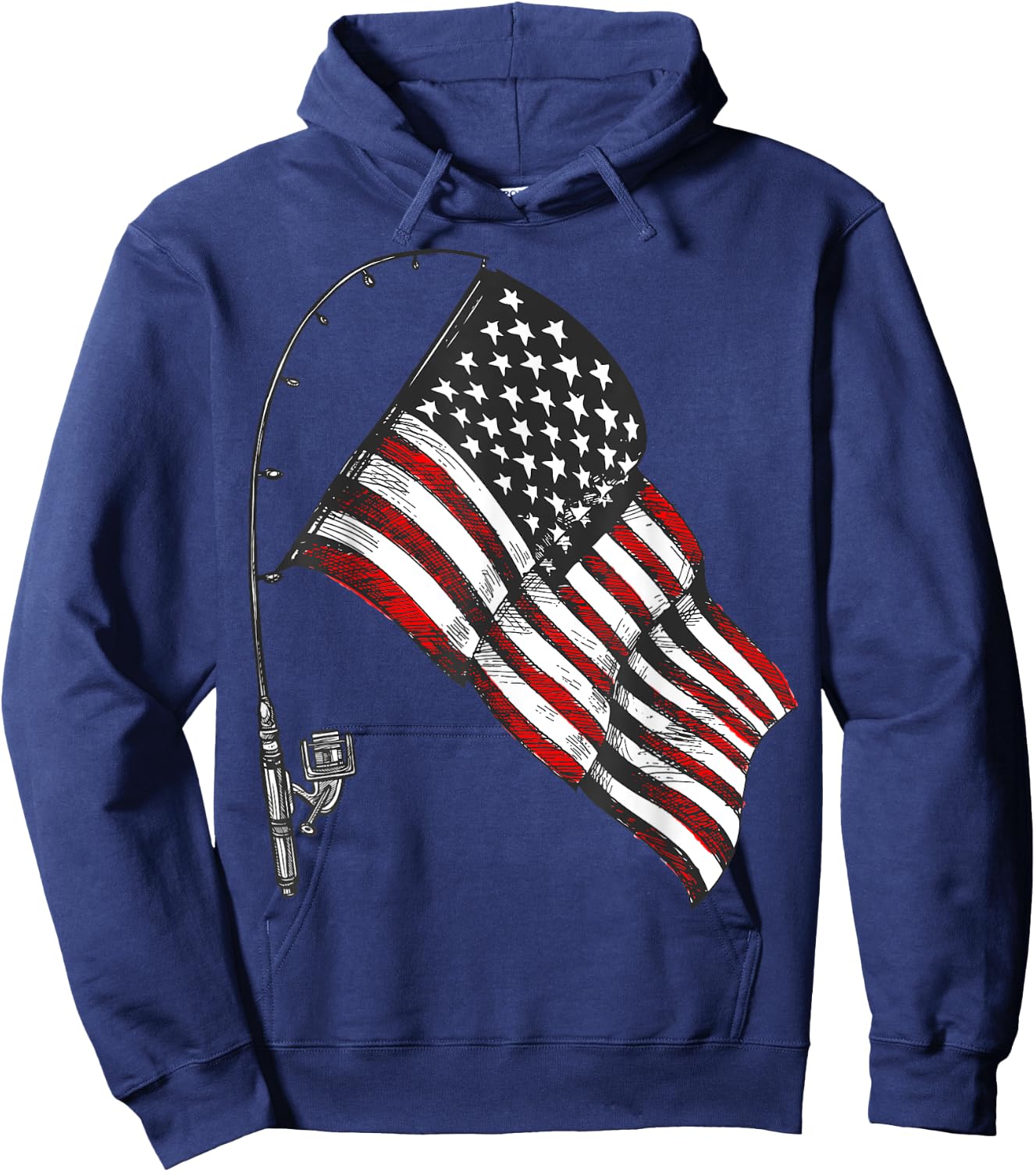 Vintage American Flag Fishing Rod Fishing Lover Fisherman Hoodie - Hoodie | Navy