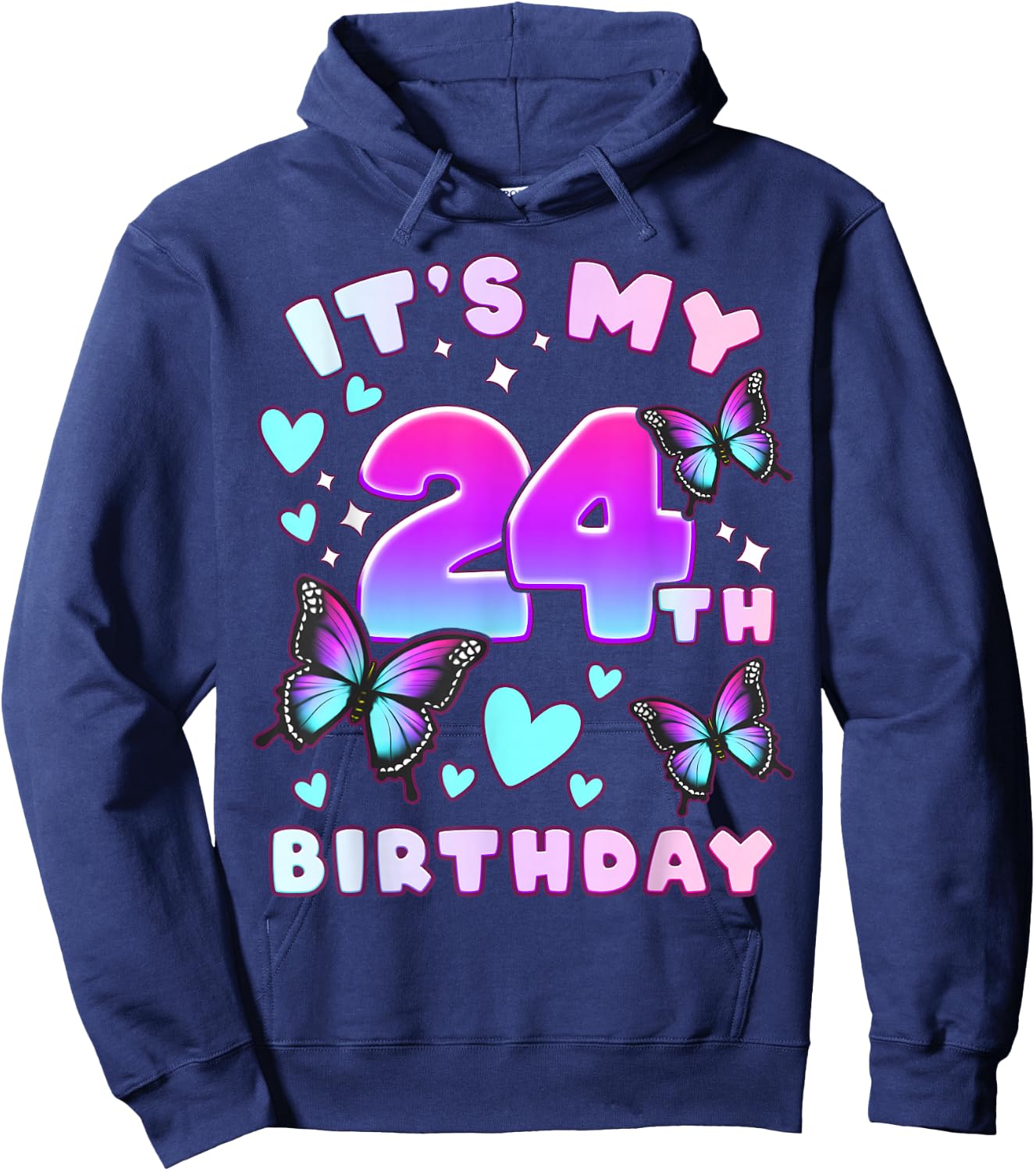 24th Birthday Girl 24 Years Old Butterflies and Number Hoodie - Hoodie | Navy