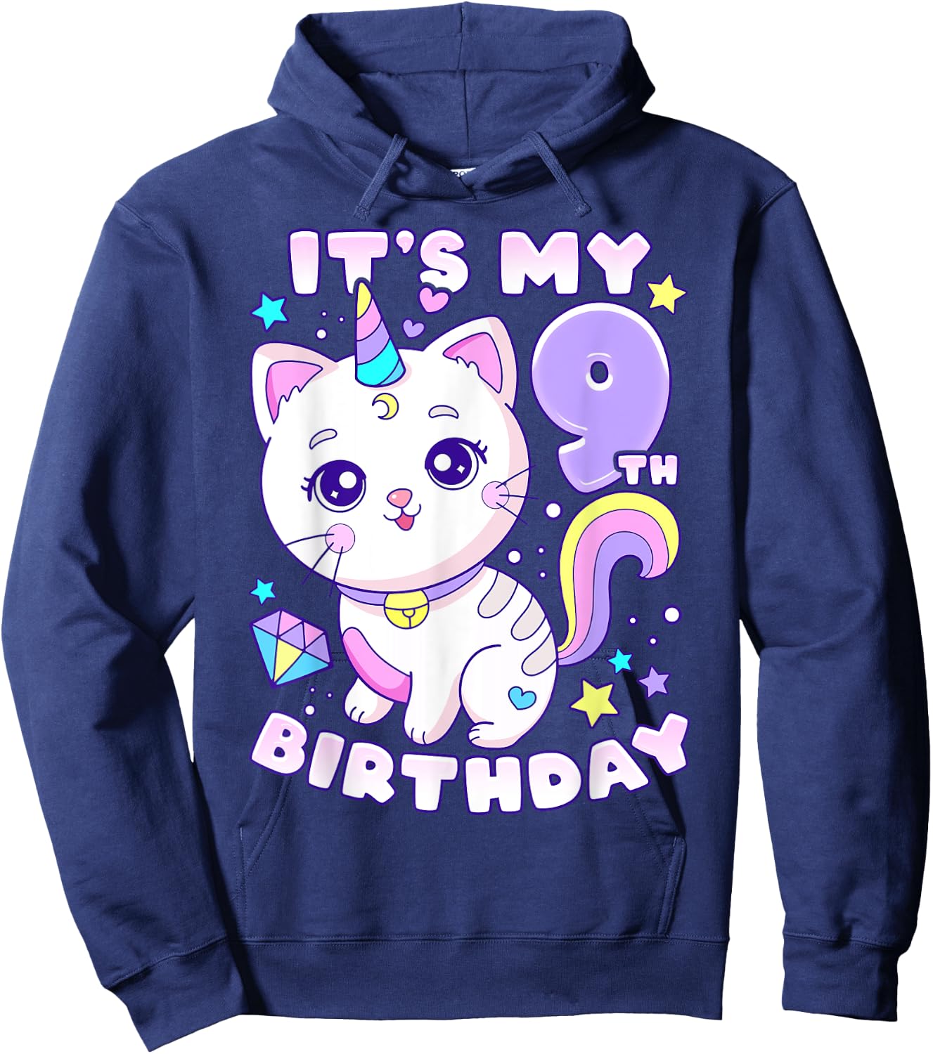 Birthday girl 9 years old, cat, unicorn, 9th birthday Hoodie - Hoodie | Navy