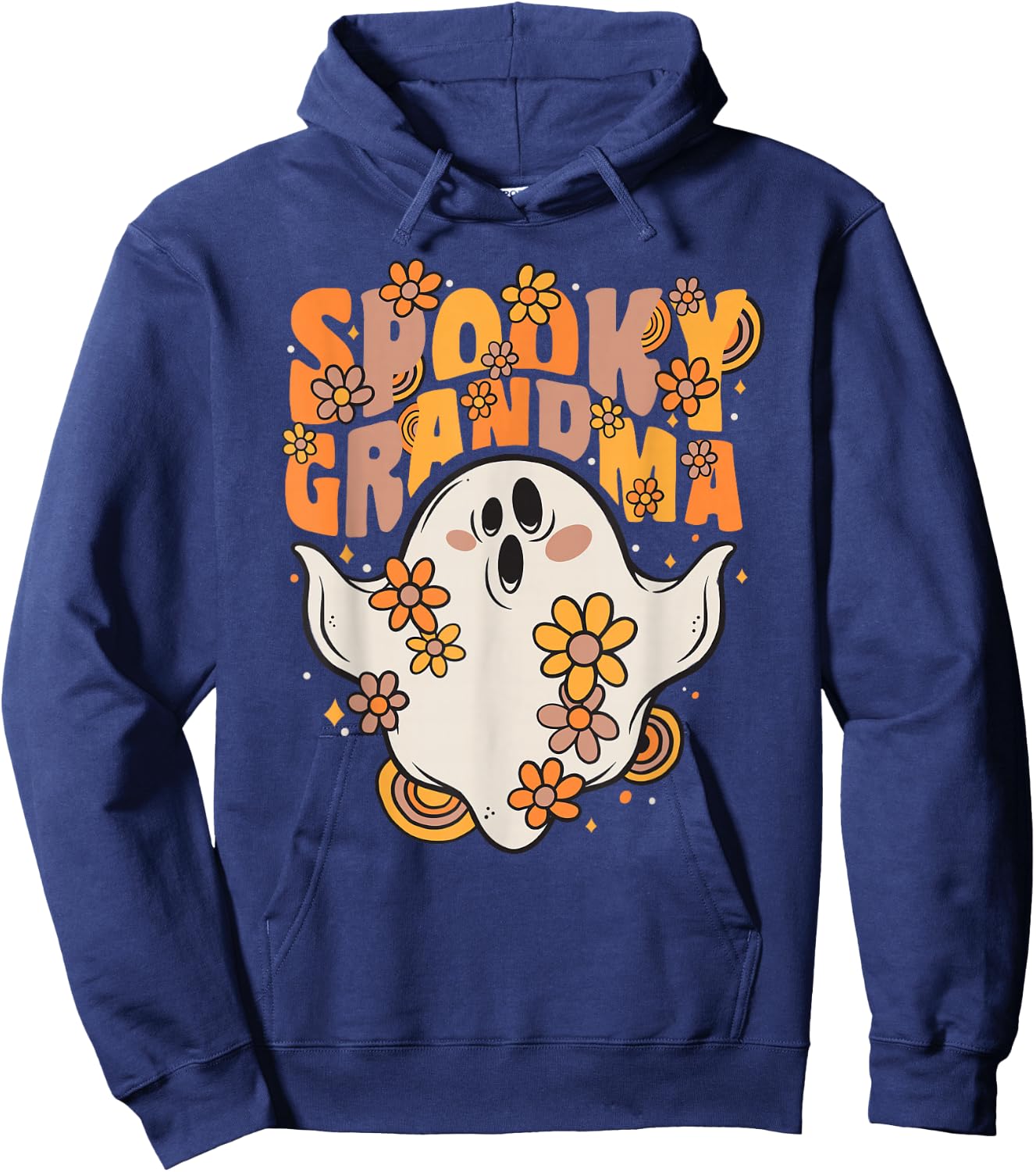 Spooky Grandma Groovy Ghost With Vintage Flowers Halloween Hoodie - Hoodie | Navy