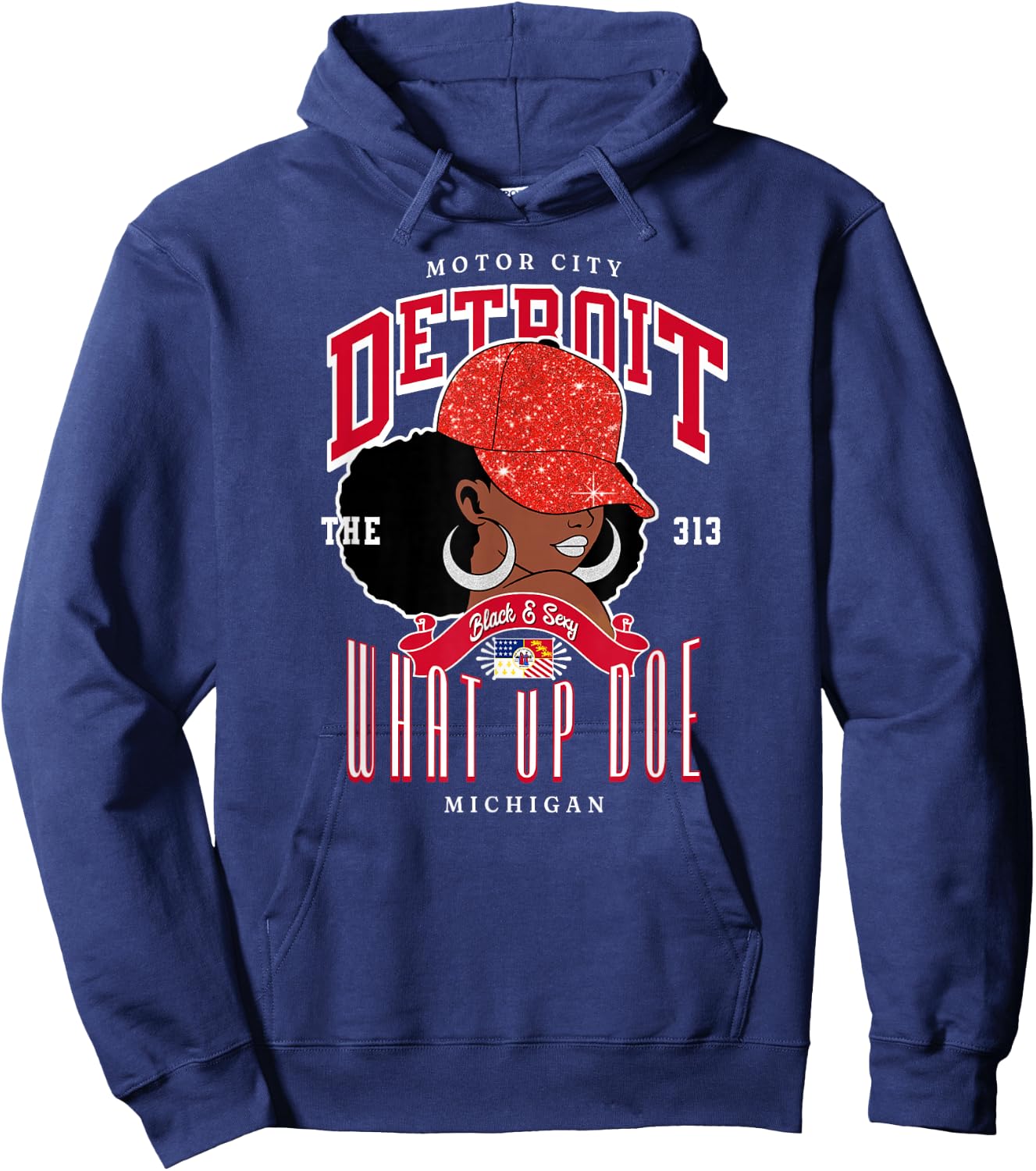 What Up Doe Detroit Afro Ladies 313 Area Code Hoodie - Hoodie | Navy