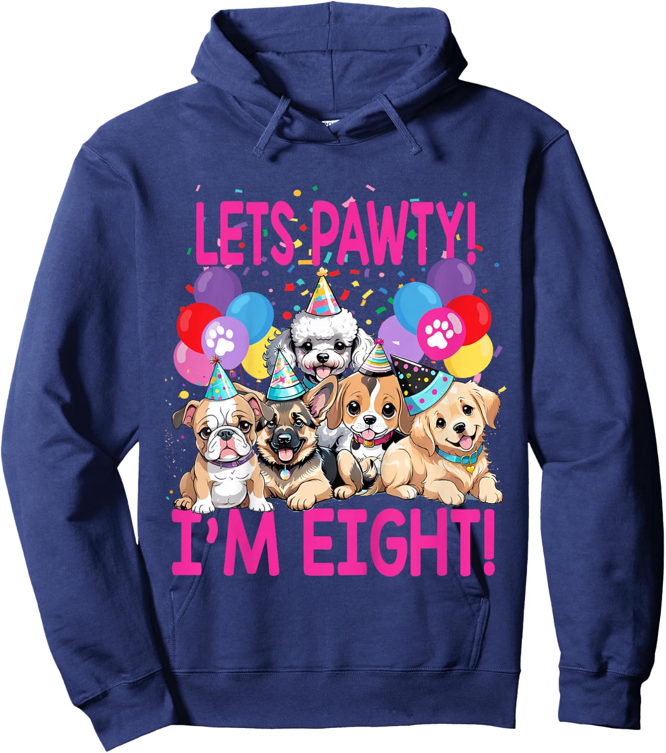 Kids Lets Pawty I'm EIGHT! Puppy Dog Themed Birthday Party Outfit Hoodie - Hoodie | Navy