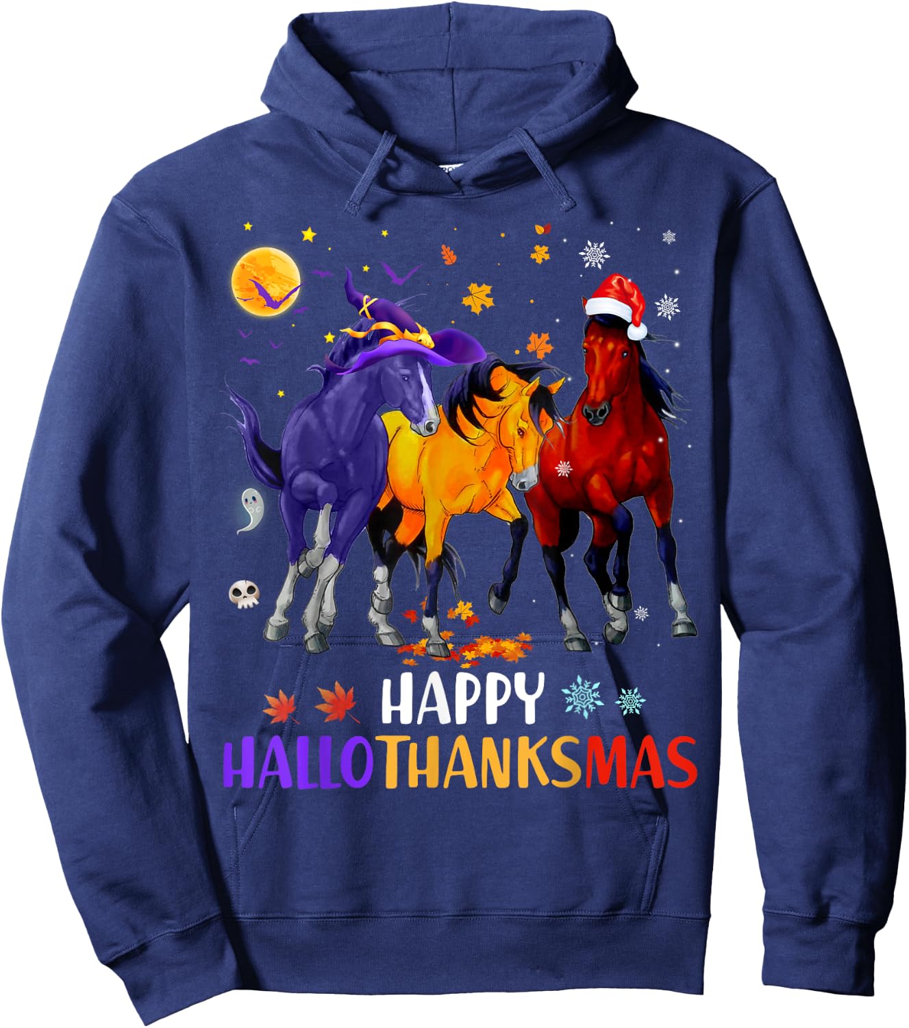 Happy Hallothanksmas Horse Halloween Thanksgiving Christmas Hoodie - Hoodie | Navy
