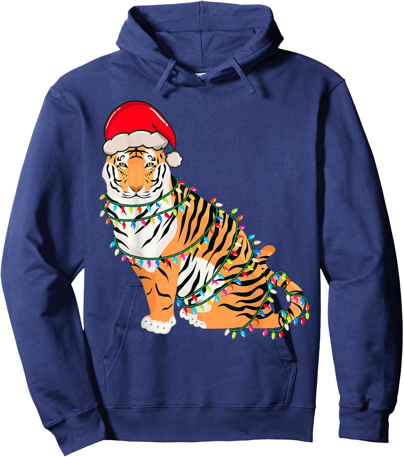 Christmas Lights Tiger Wearing Xmas Hat - Tiger Lover Hoodie - Hoodie | Navy
