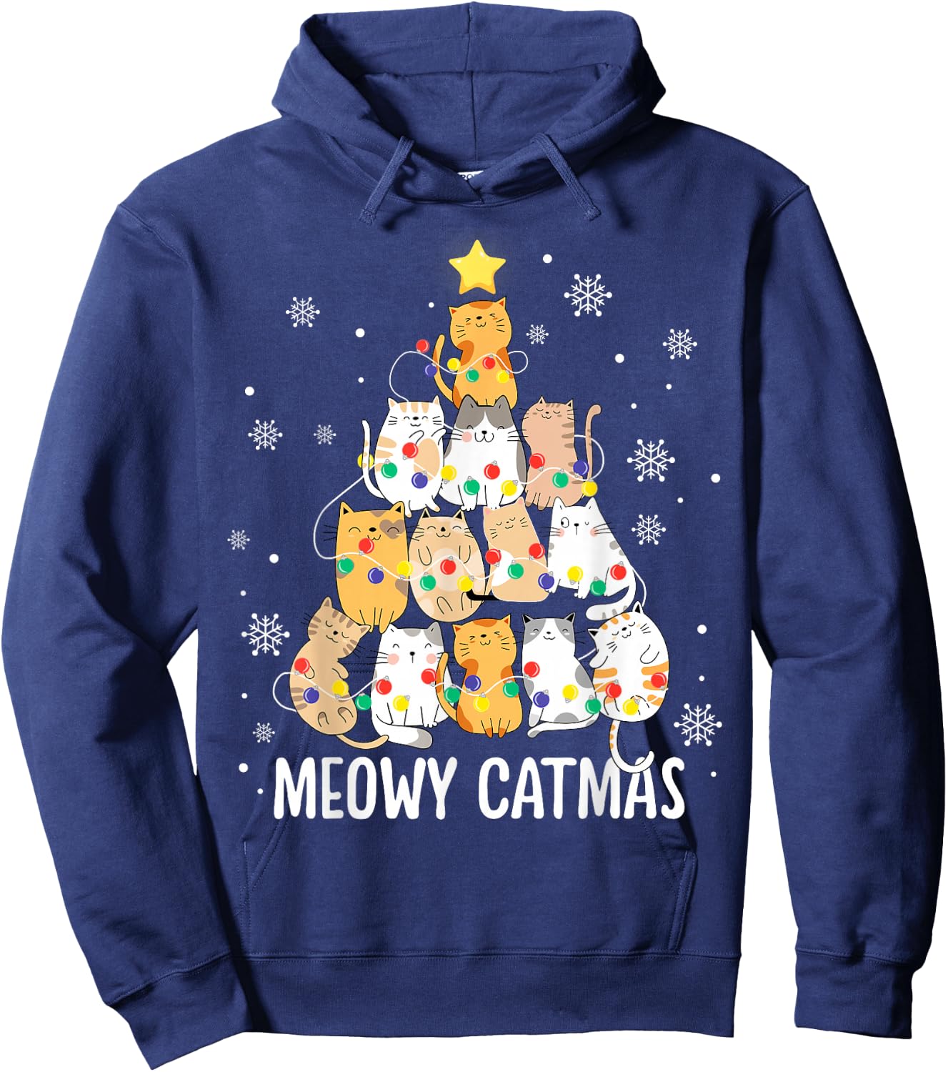 Meowy Catmas Cat Christmas Tree Lights Kitten Xmas Cat Lover Hoodie - Hoodie | Navy