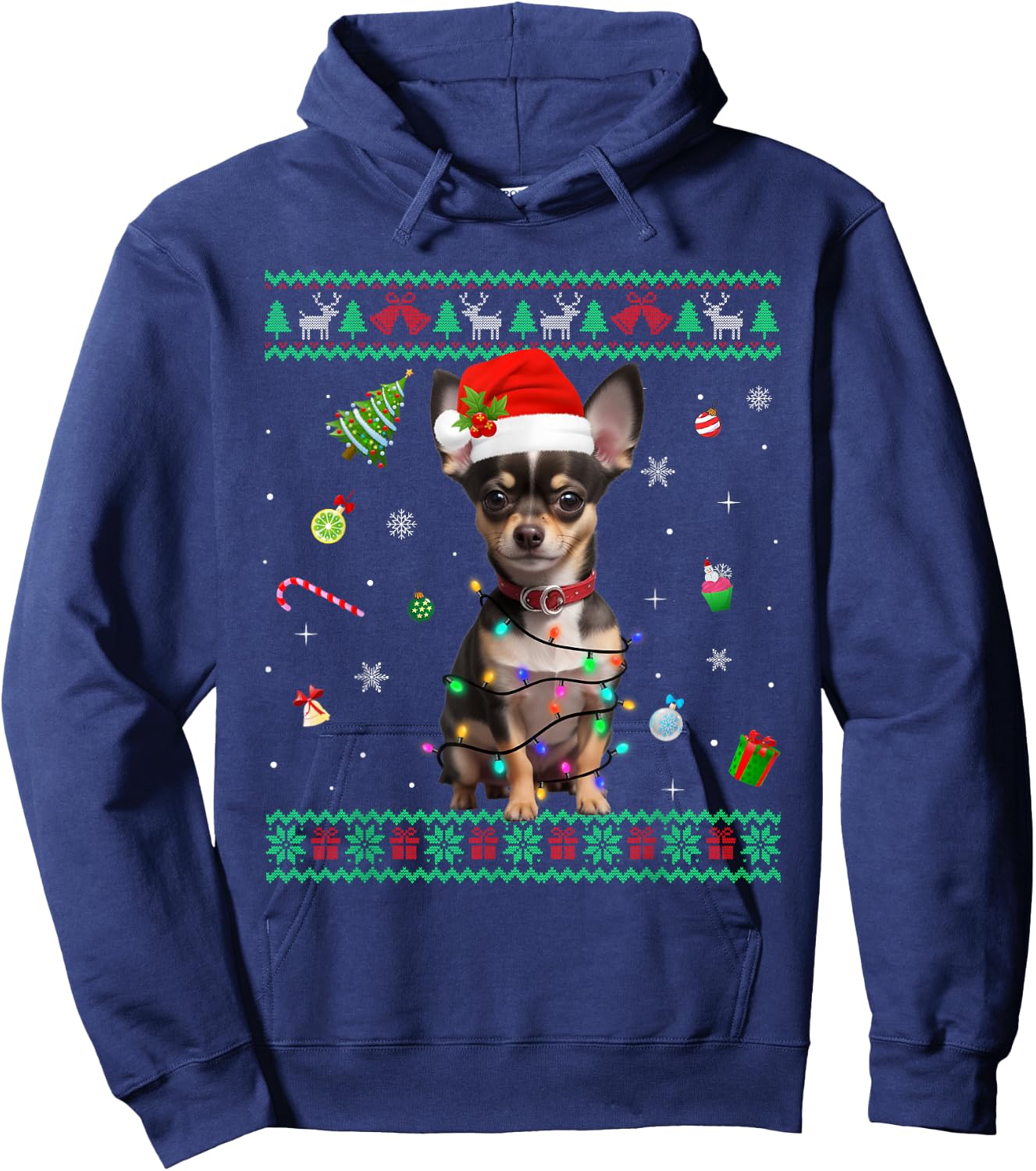 Ugly Sweater Chihuahua Dog Christmas Lights Santa Hat Men Women Kids Hoodie - Hoodie | Navy