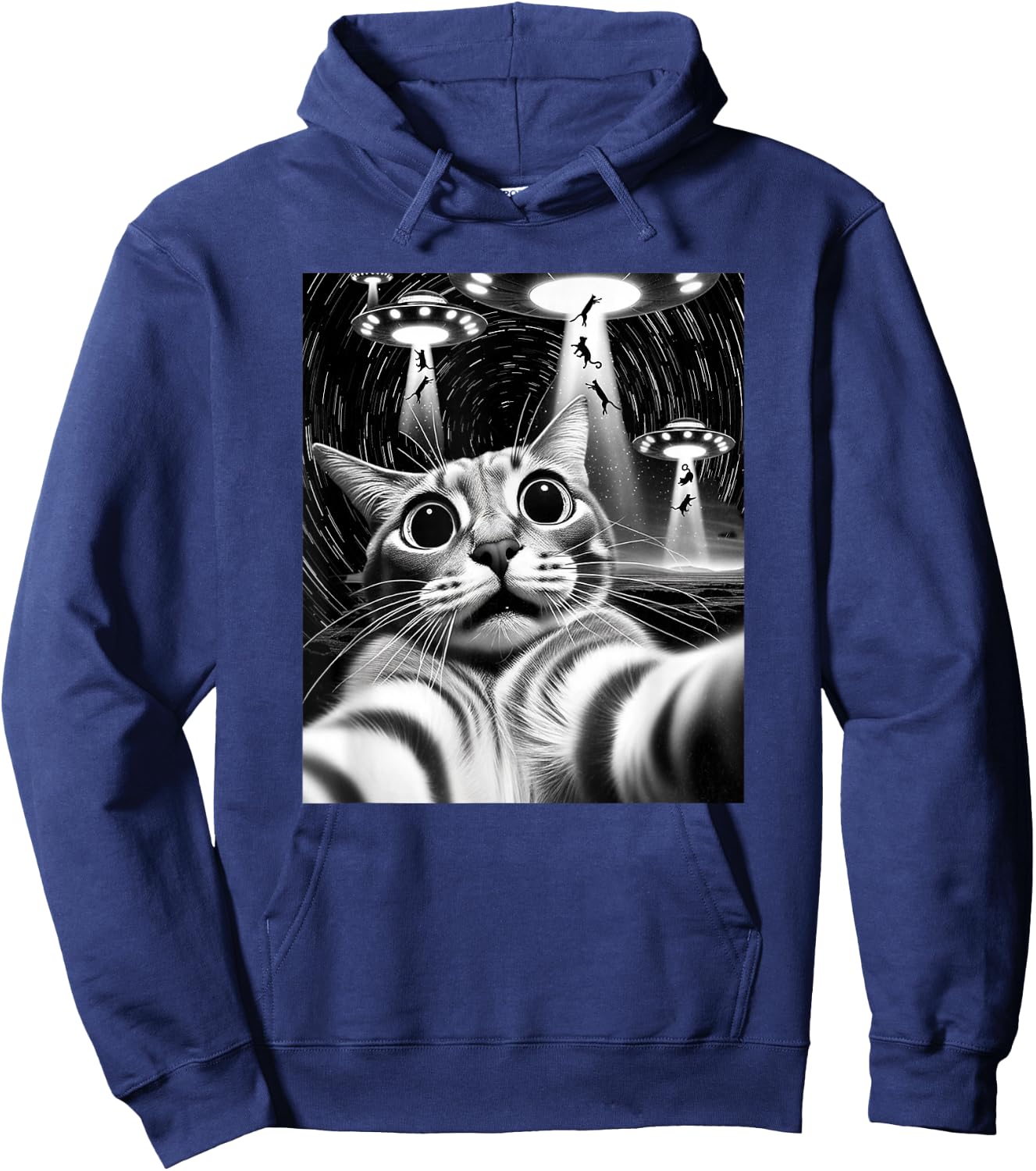 Cat UFO Invasion | Funny Cat Meme Retro Alien Cat UFO Selfie Hoodie - Hoodie | Navy