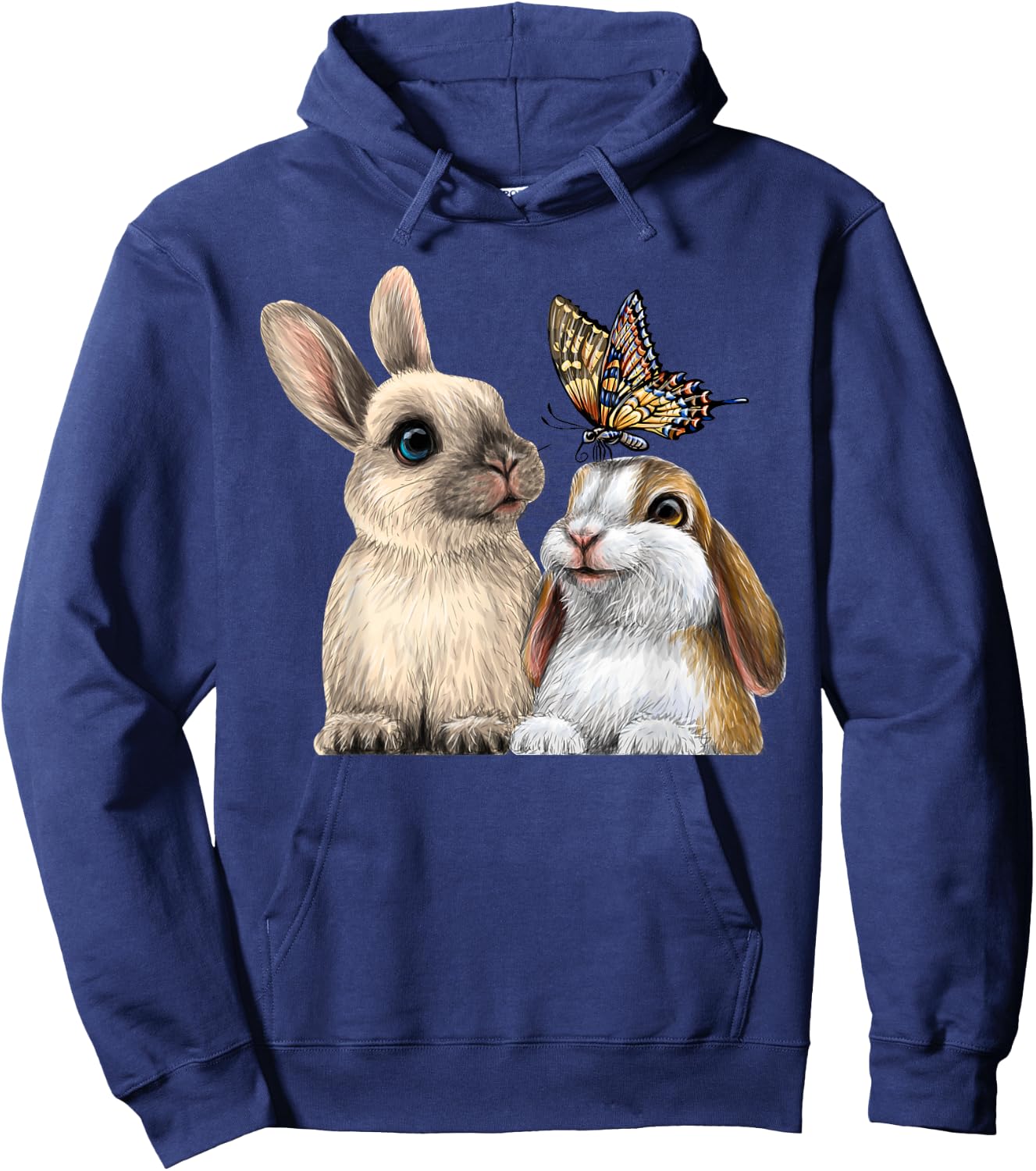 two cute Little rabbits with a butterfly for lovers Bunny Hoodie - Hoodie | Navy