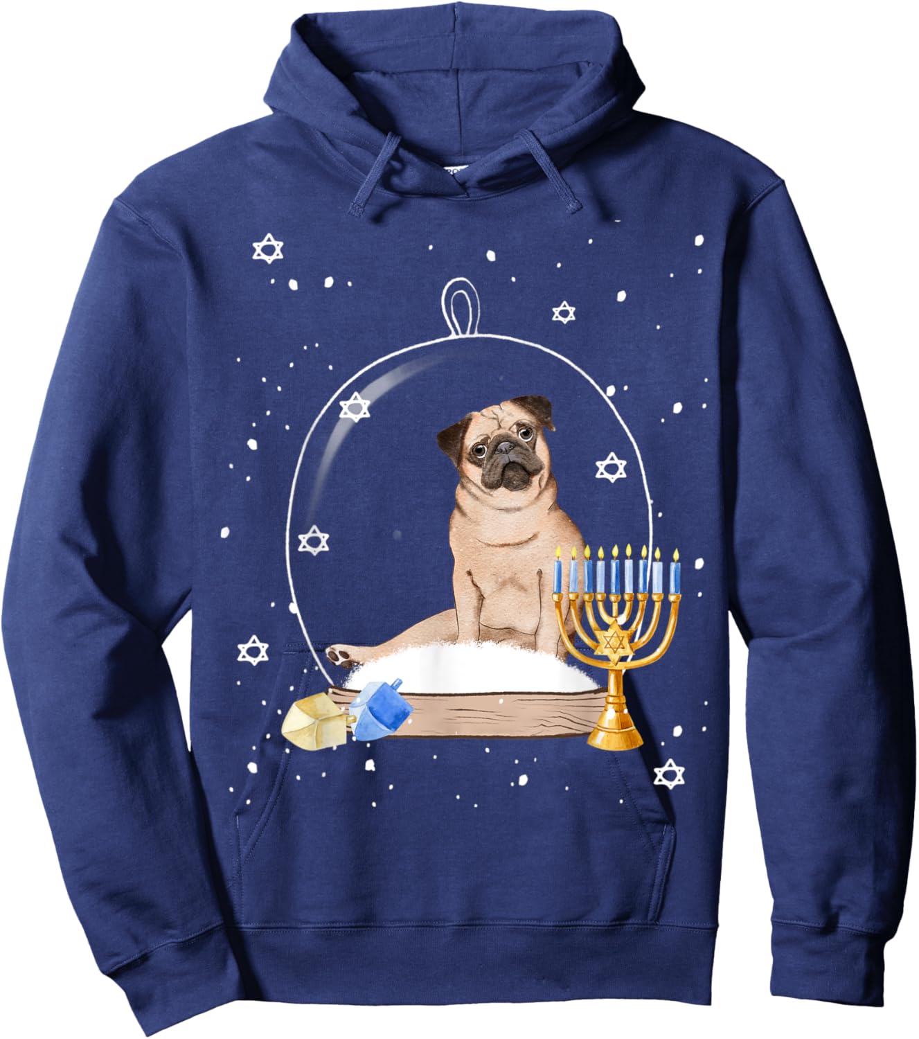 Hanukkah Pug Dog Snow Globe Pajama Women Kids Hoodie - Hoodie | Navy