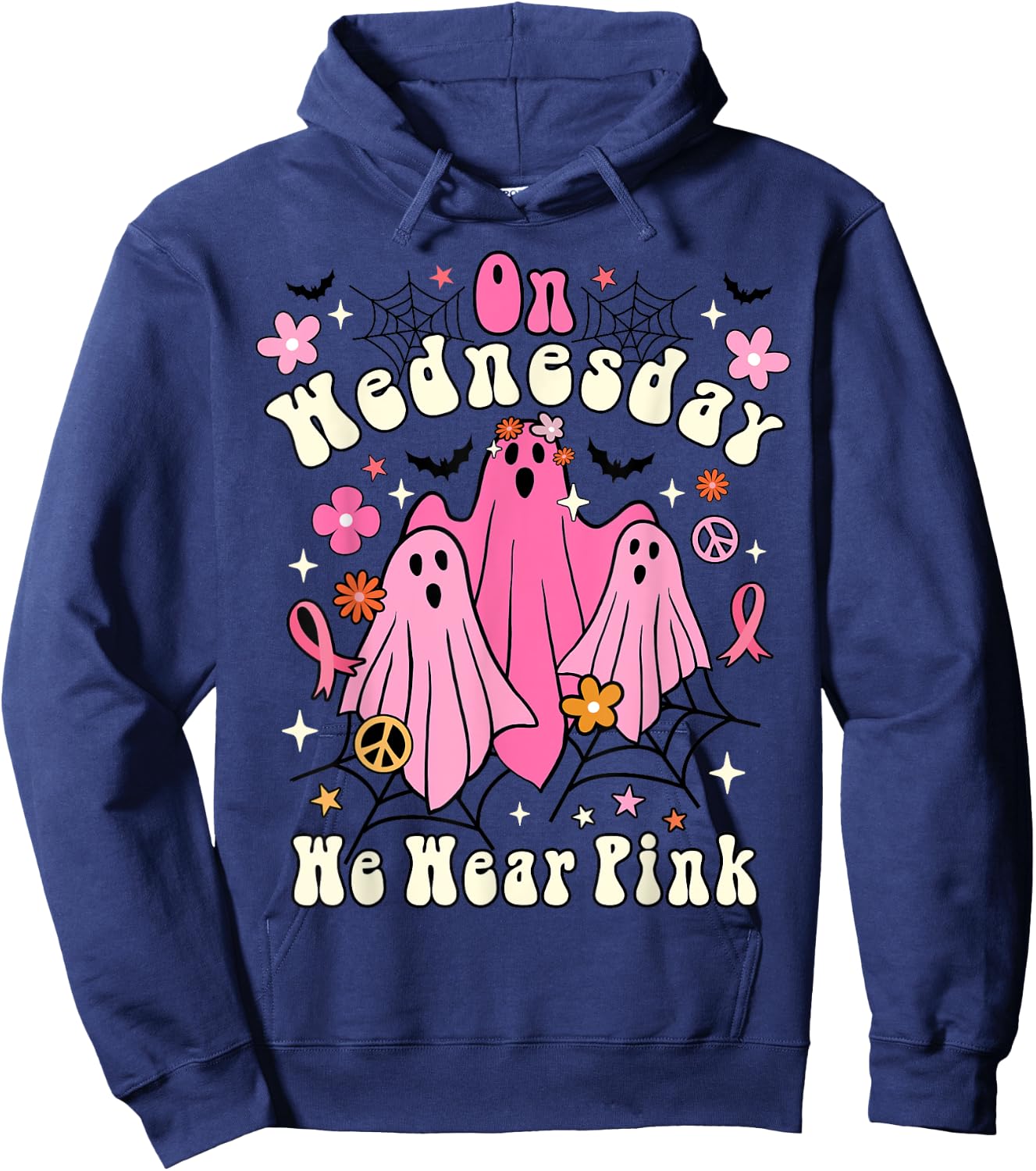 On Wednesday We Wear Pink Ghost Halloween Breast Cancer 2022 Hoodie - Hoodie | Navy