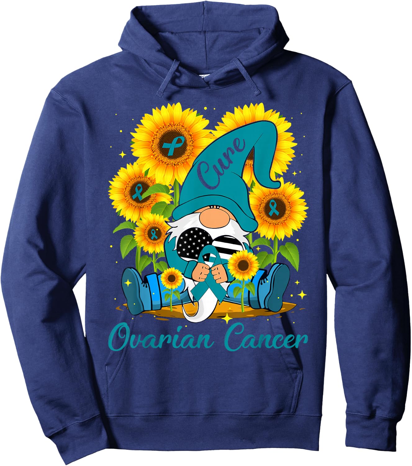 Cure Ovarian Cancer Awareness Day Fighter Gnome Teal Ribbon Hoodie - Hoodie | Navy
