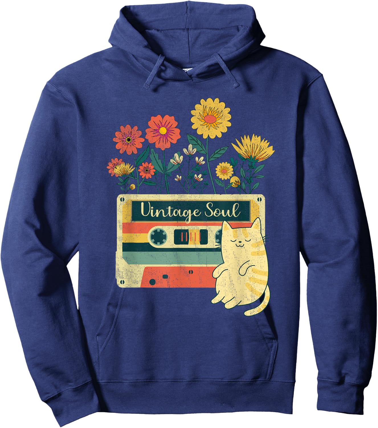 Vintage Cat Shirt - Retro Soul Flowers Wildflower Hoodie - Hoodie | Navy
