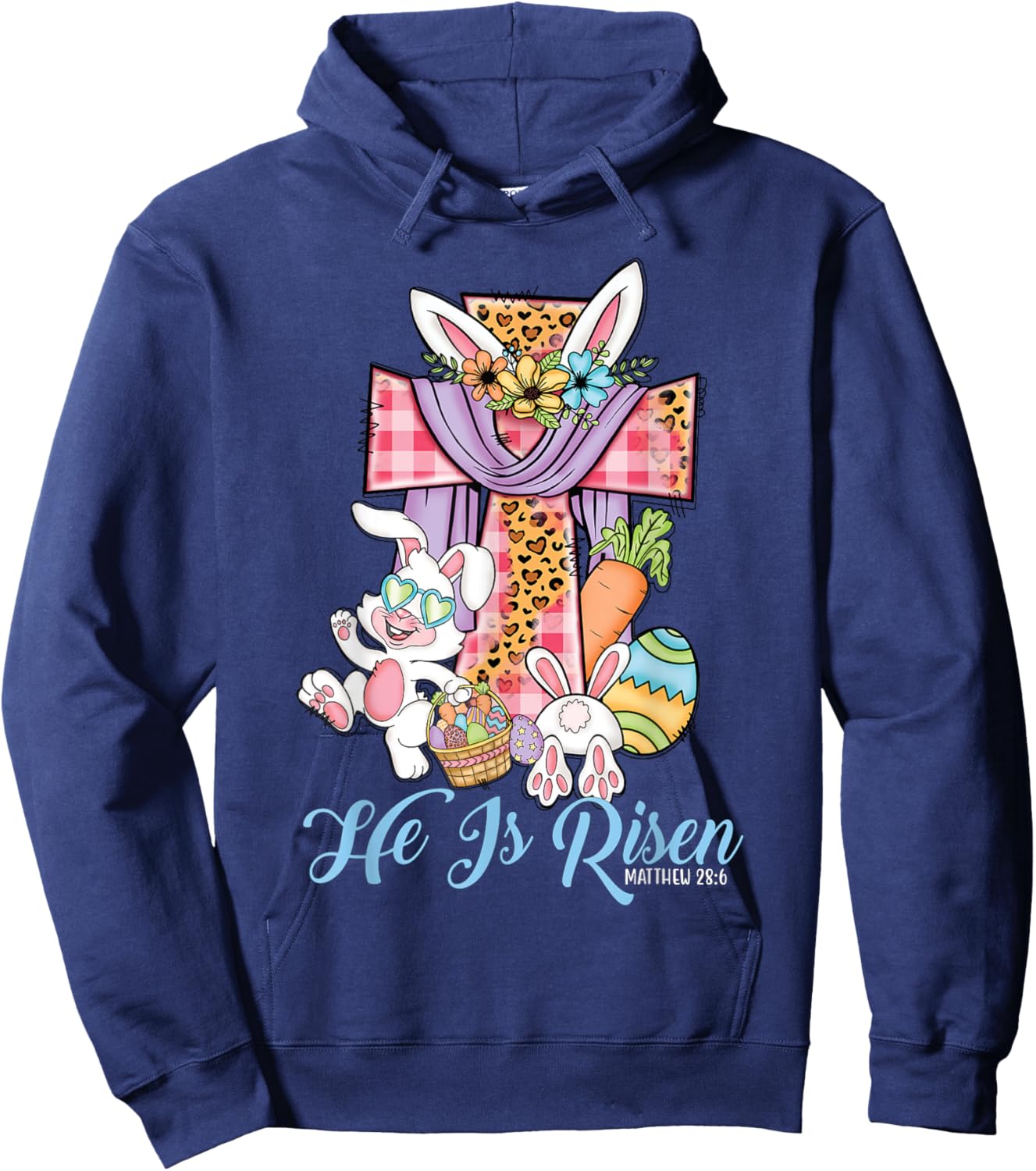 He is Risen Kids Leopard Cross Bunny Happy Easter Hoodie - Hoodie | Navy