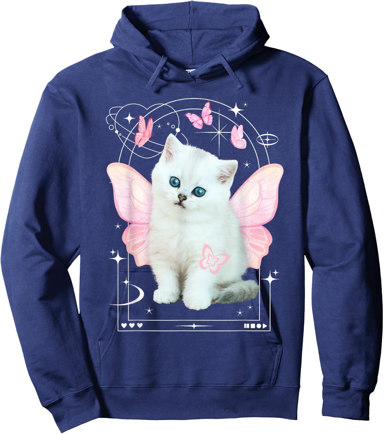 Cute y2k Aesthetic Cat Butterfly Fairy Cyber 2000s Graphic Hoodie - Hoodie | Navy