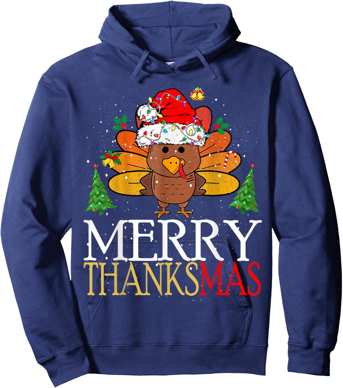 Merry Thanksmas Happy Thanksgiving Santa Turkey Hoodie - Hoodie | Navy