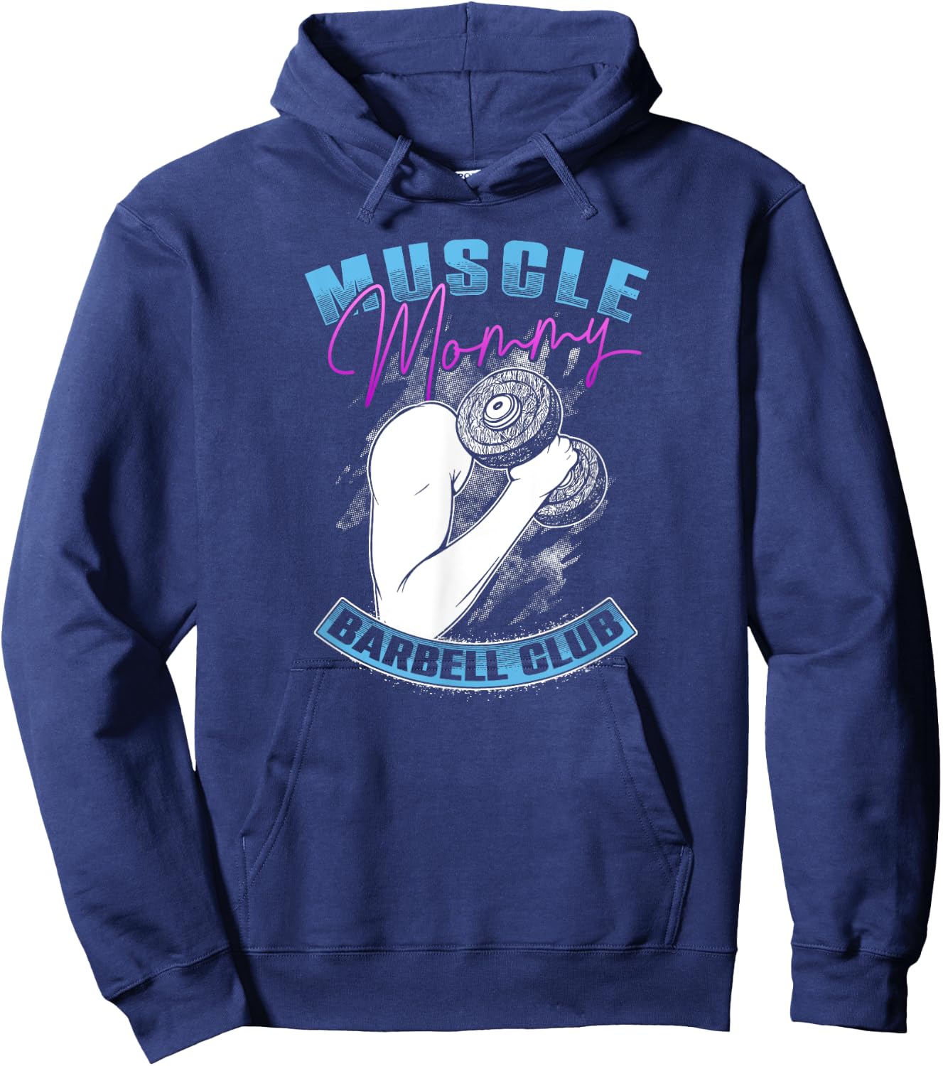 Retro Blue Pink Muscle Mommy Barbell Lifting Club Hoodie - Hoodie | Navy