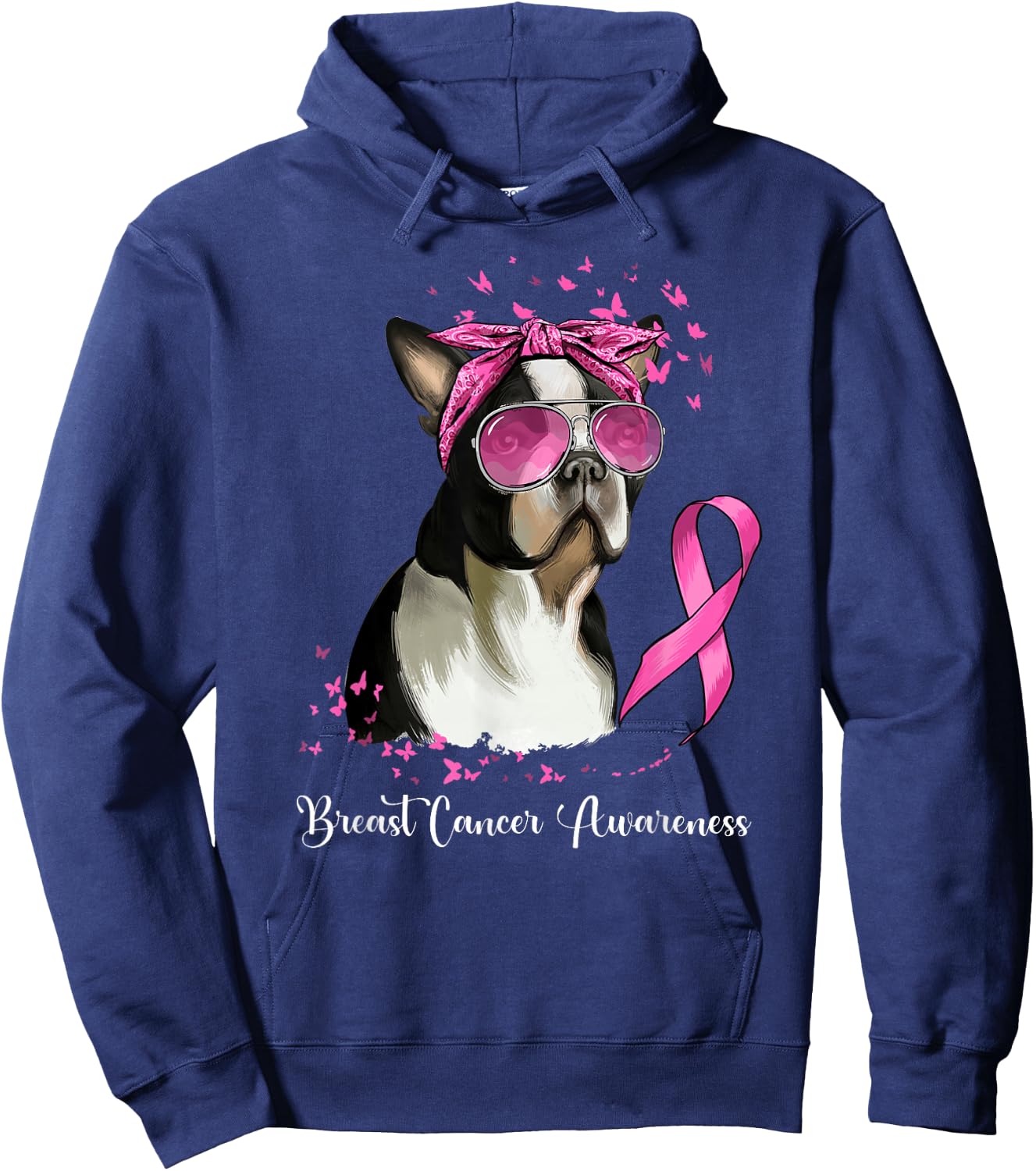 Boston Terrier Dog Lover Pink Ribbon Breast Cancer Awareness Hoodie - Hoodie | Navy