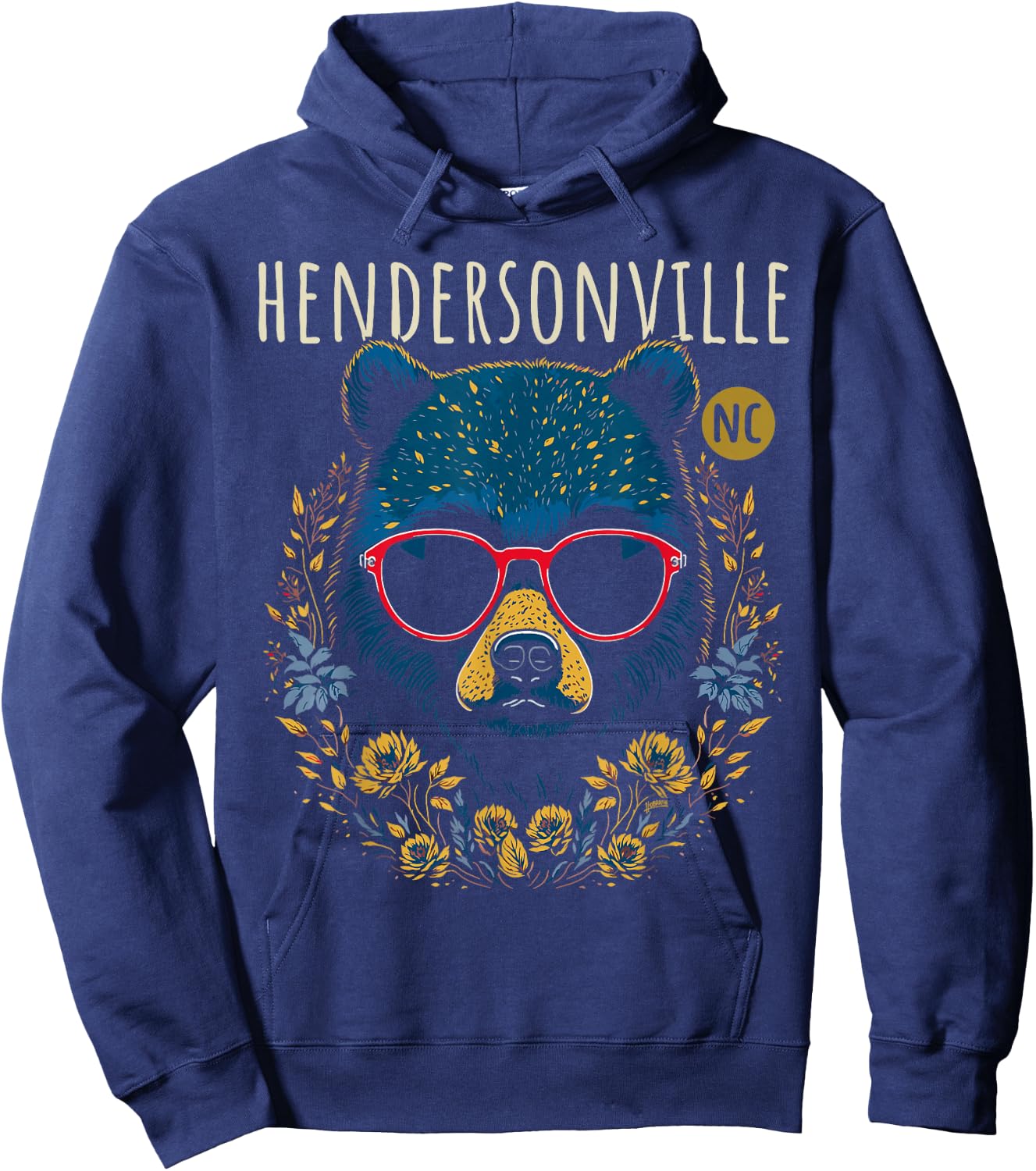 Hendersonville NC Fun Bear Wearing Glasses Flowers Design Hoodie - Hoodie | Navy