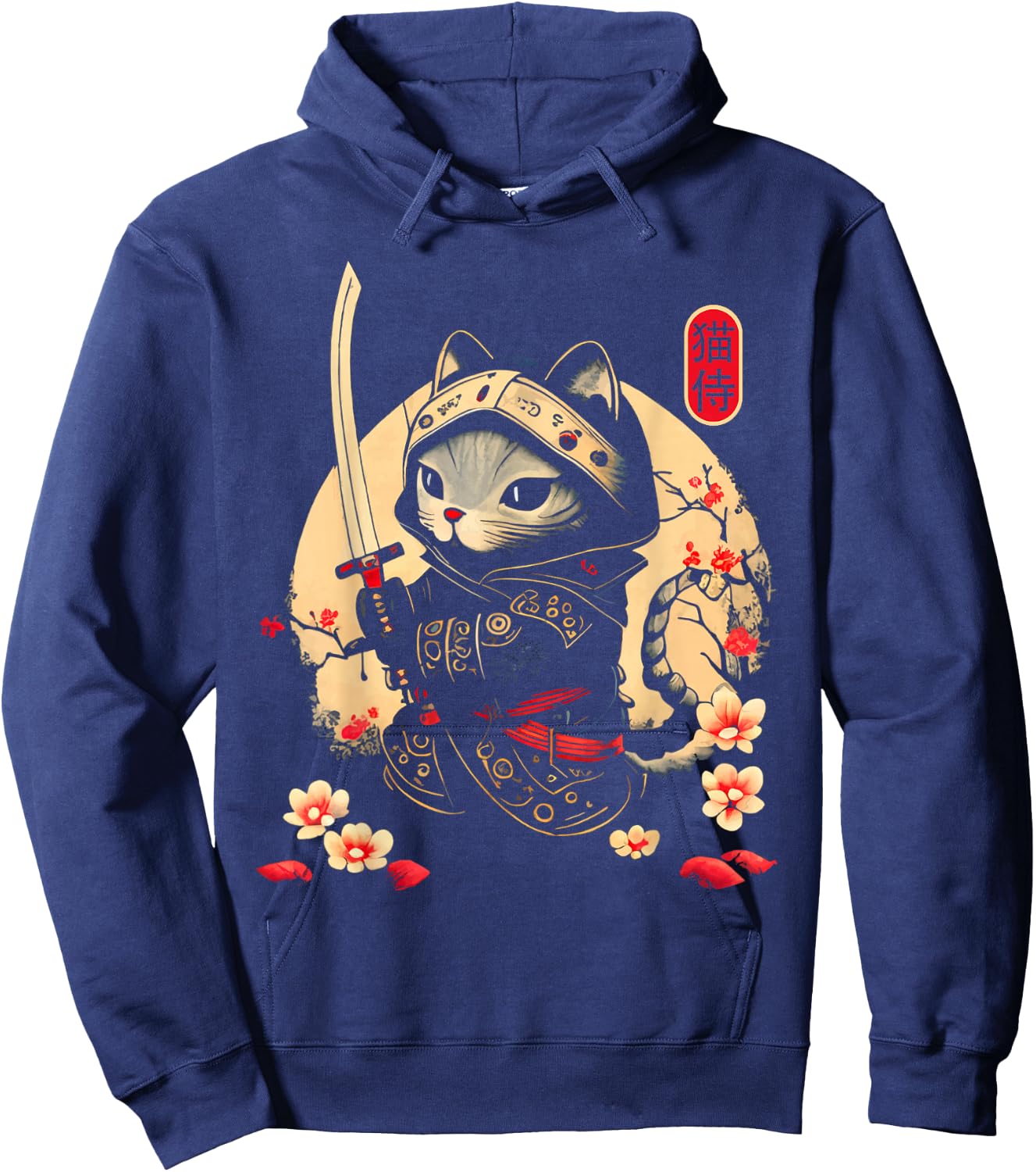 Japanese Samurai Cat Tattoo, Kawaii Ninja Cat Hoodie - Hoodie | Navy