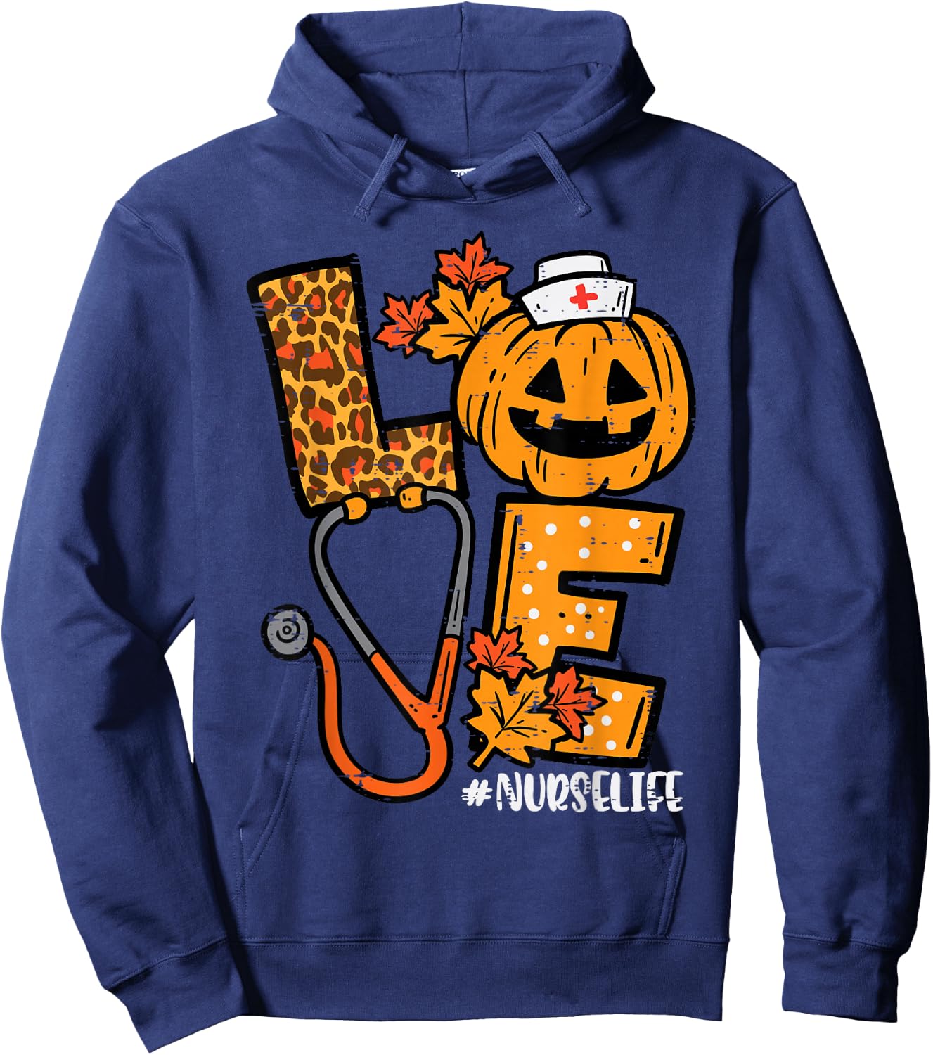 Leopard Pumpkin Nurse Halloween Costume Fall Scrub Top Women Hoodie - Hoodie | Navy