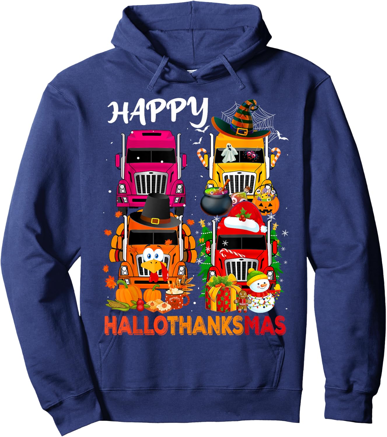 Witch Turkey Santa Trucks Truckers Happy HalloThanksMas Men Hoodie - Hoodie | Navy
