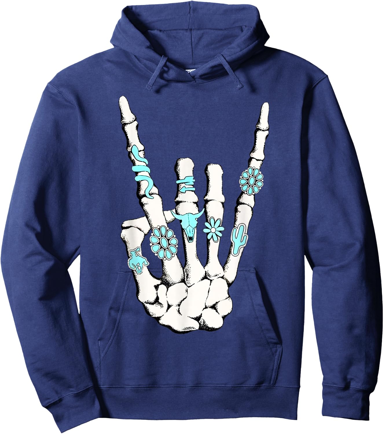 Skeleton with Turquoise Hand Western Skeleton Rings Lover Hoodie - Hoodie | Navy