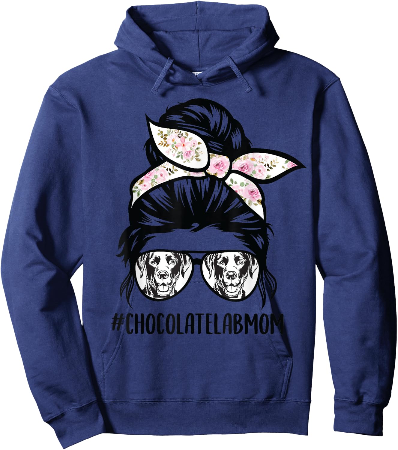 Chocolate Lab mom messy bun hair glasses Hoodie - Hoodie | Navy