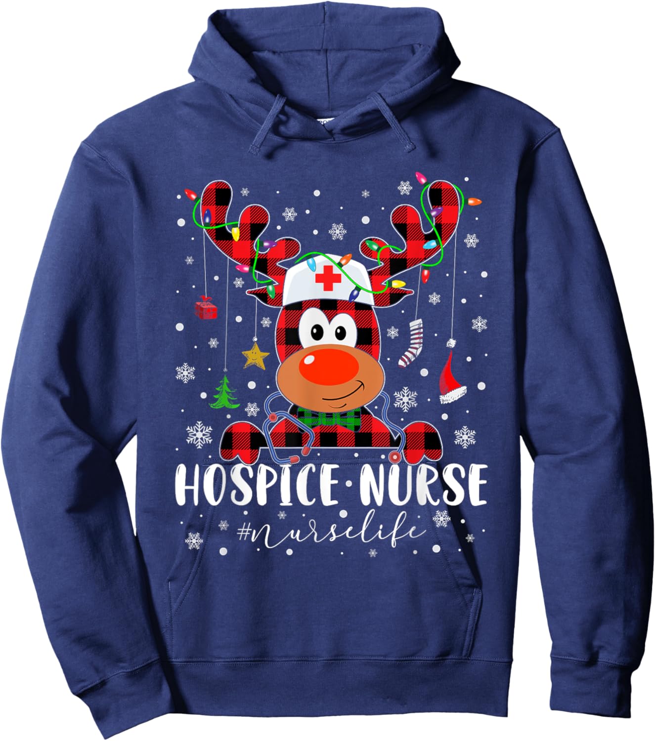 Love Hospice Nurse Life Reindeer Nurse Christmas Pajama Hoodie - Hoodie | Navy