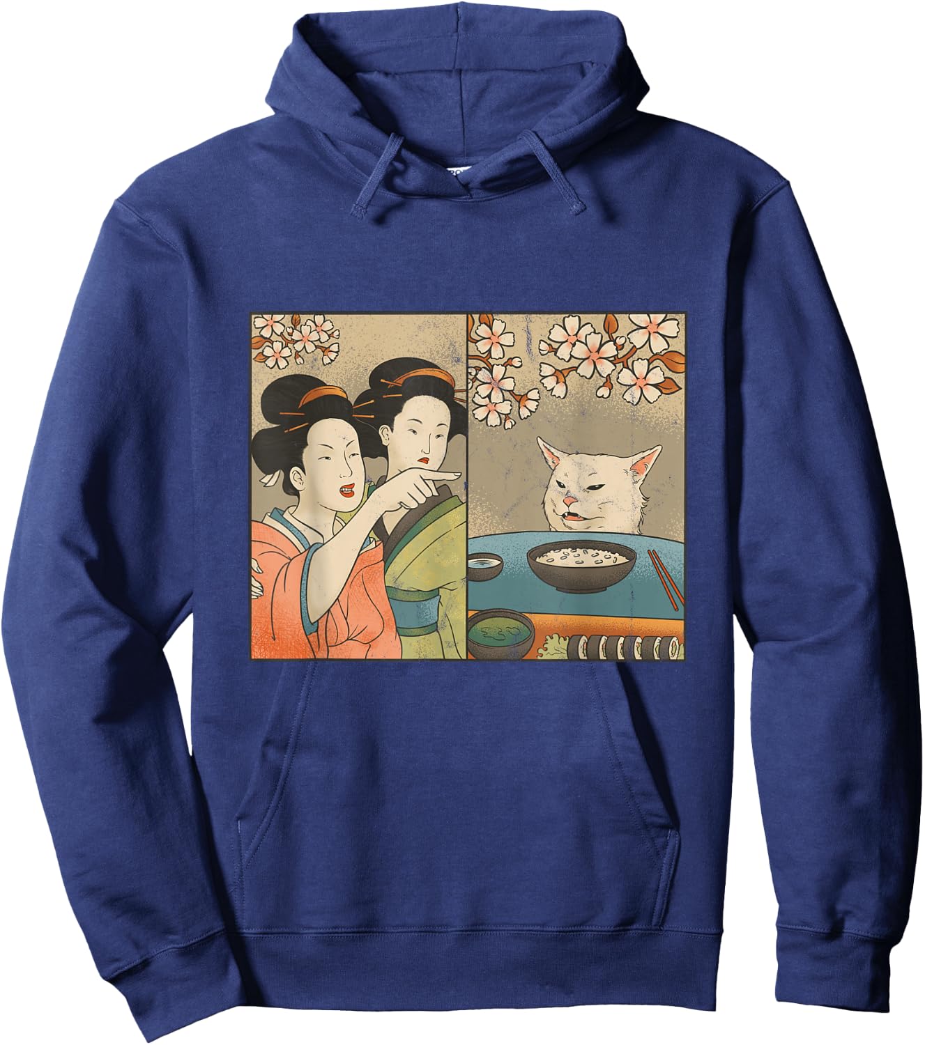 Japanese Art Cherry Blossom Cat and Sushi Hoodie - Hoodie | Navy